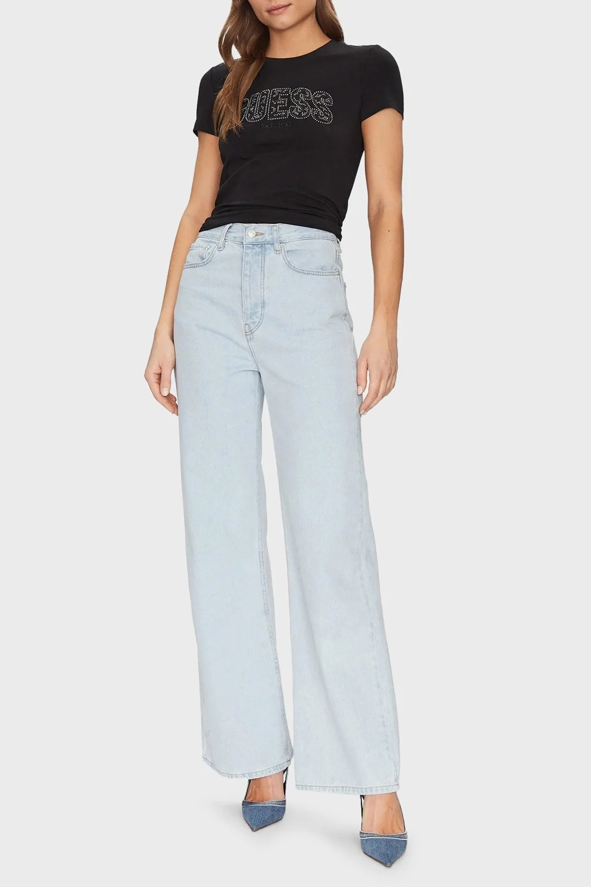 Guess Cn Ss Logo Streç Pamuklu Slim Fit Bisiklet Yaka W5GI04J1314 Bayan T Shirt W5GI04 J1314 JBLK SİYAH - 7