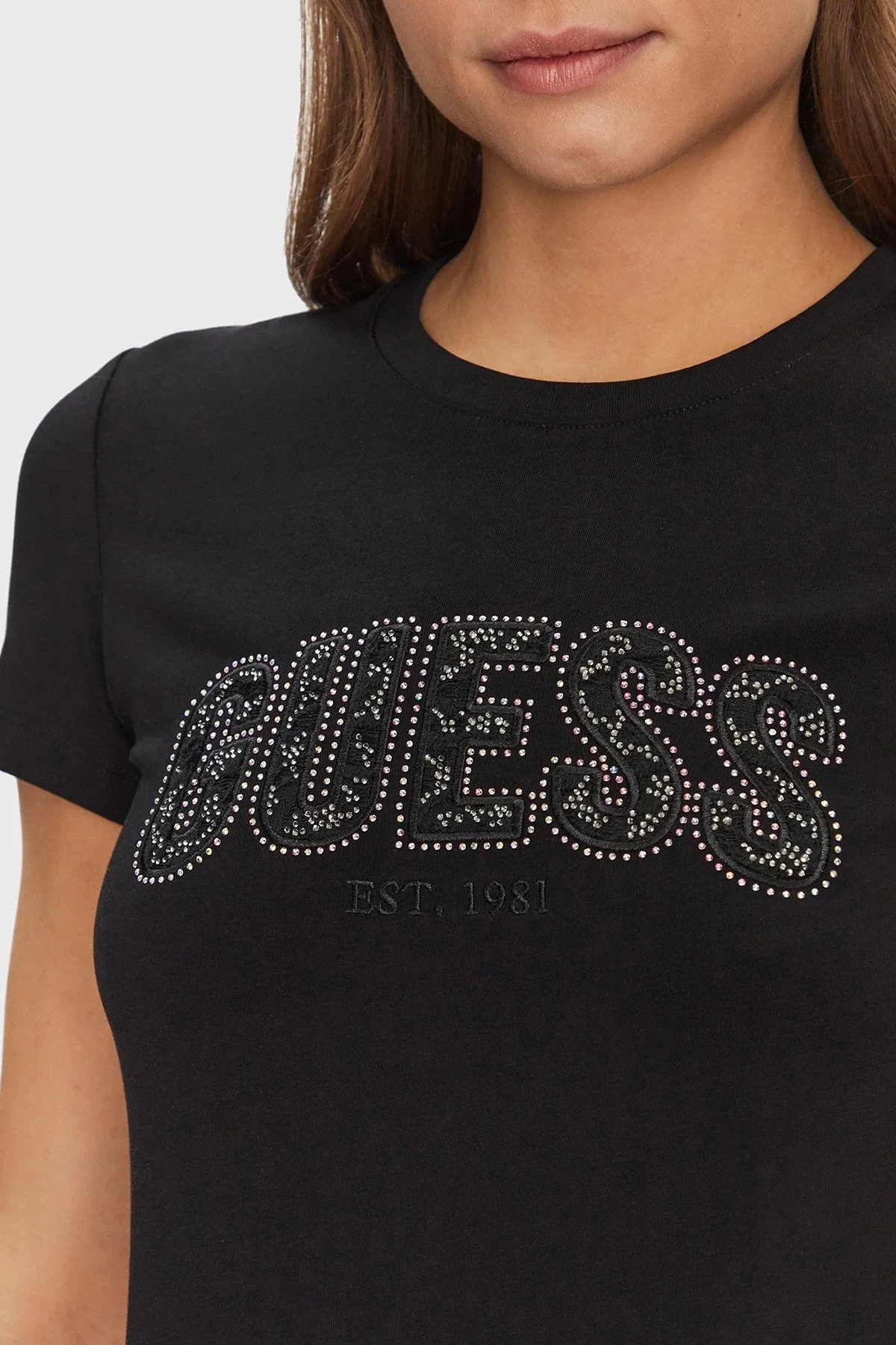 Guess Cn Ss Logo Streç Pamuklu Slim Fit Bisiklet Yaka W5GI04J1314 Bayan T Shirt W5GI04 J1314 JBLK SİYAH - 9