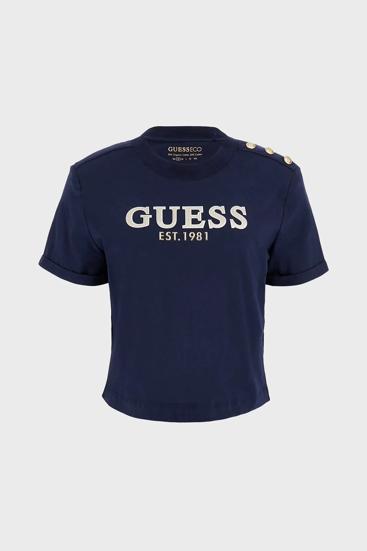 Guess Cn Ss Logolu Pamuklu Düğme Detaylı Boxy Fit Sıfır Yaka Cropped W5GI15K8FQ4 Bayan T Shirt W5GI15 K8FQ4 G7P1 LACİVERT - 10