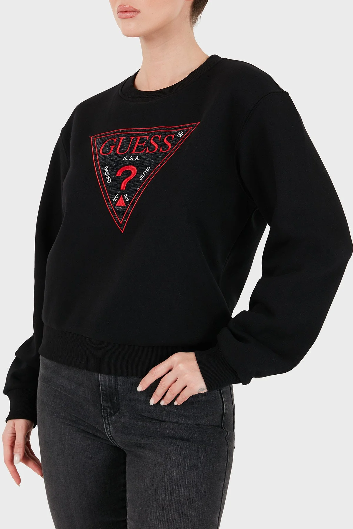 Guess Cn Triangle Flock Logolu Pamuklu Bisiklet Yaka W6BQ16K6064 Kadın Sweat W6BQ16 K6064 JBLK Siyah - 3