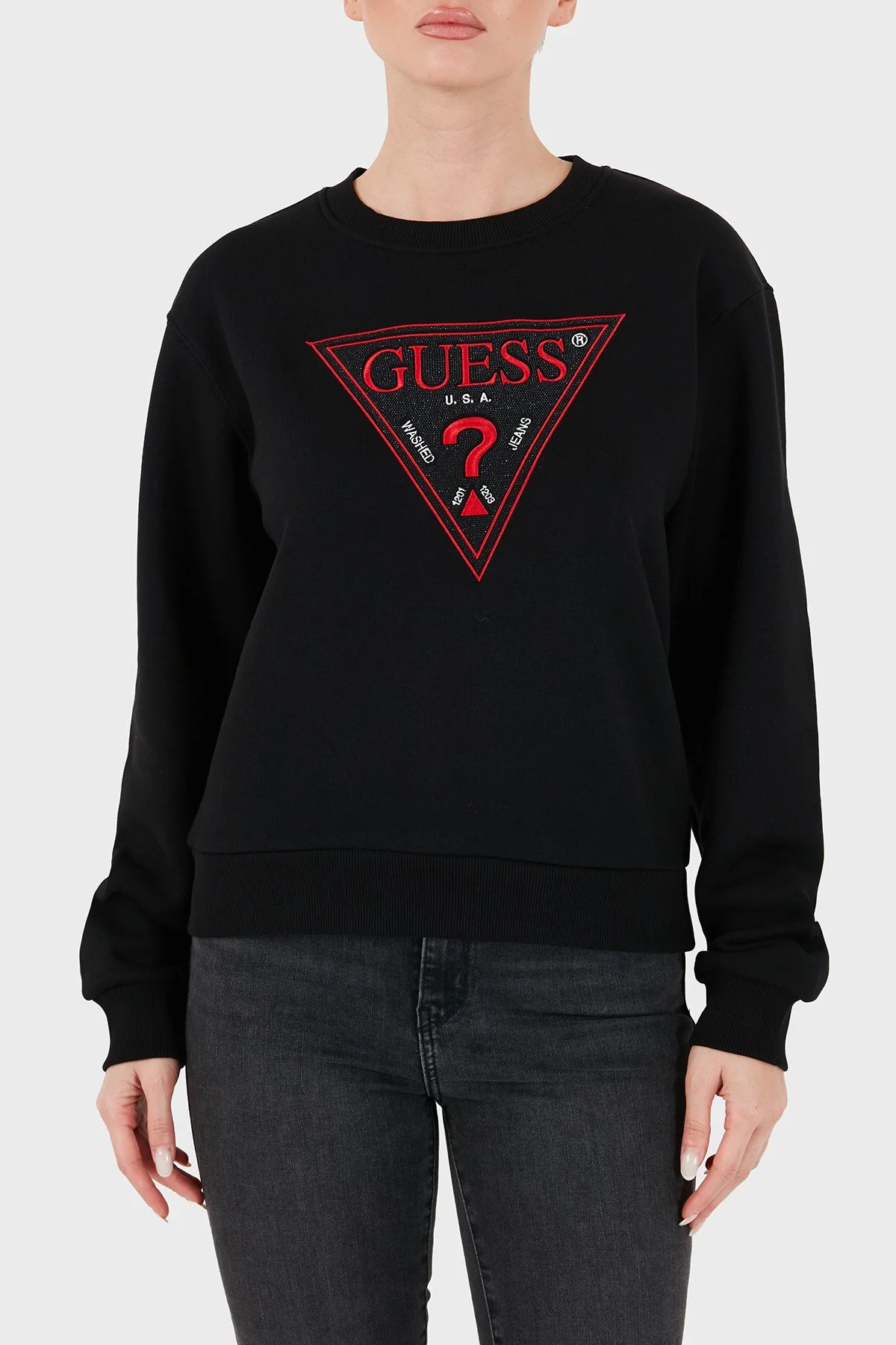 Guess Cn Triangle Flock Logolu Pamuklu Bisiklet Yaka W6BQ16K6064 Kadın Sweat W6BQ16 K6064 JBLK Siyah - 5