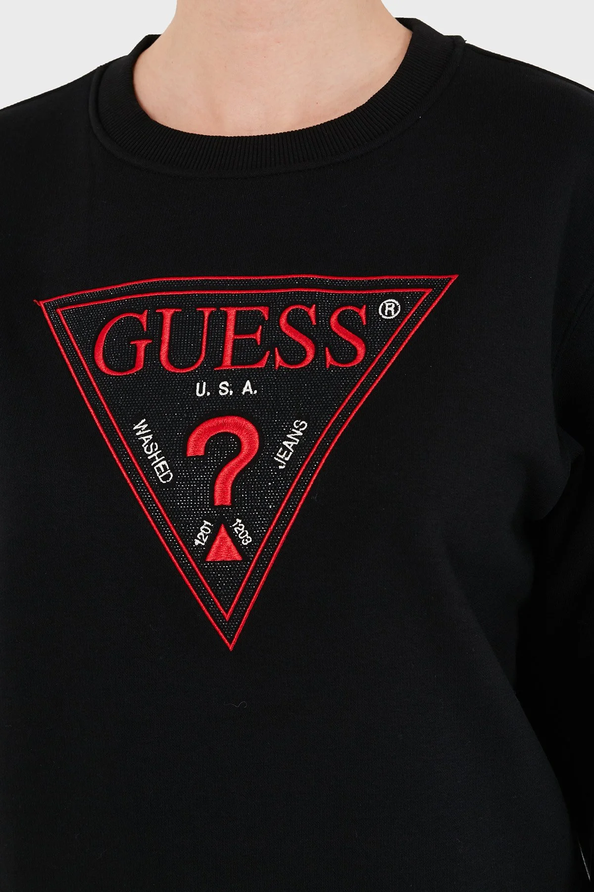 Guess Cn Triangle Flock Logolu Pamuklu Bisiklet Yaka W6BQ16K6064 Kadın Sweat W6BQ16 K6064 JBLK Siyah - 6