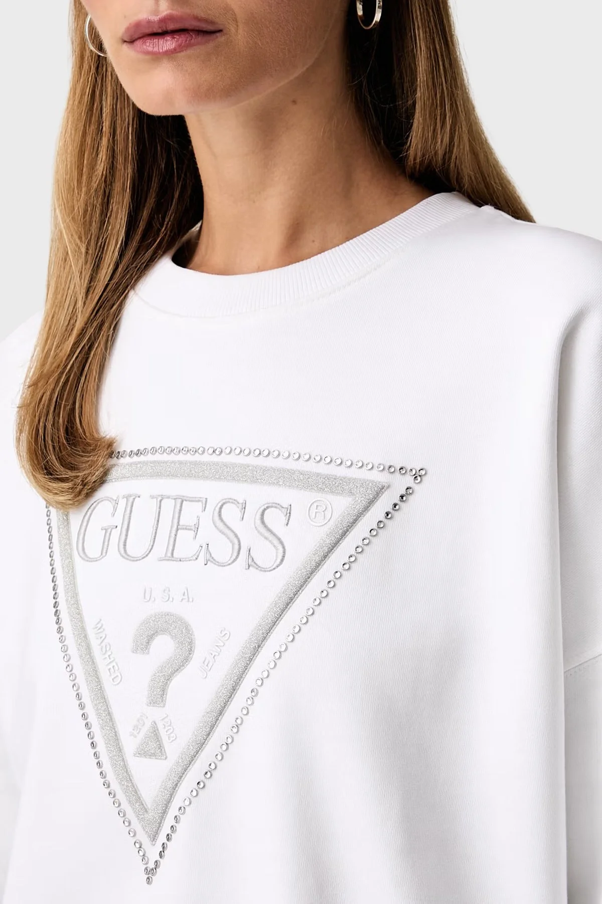 Guess Cn Triangle Glitter W6YQ14K4352 Kadın Sweat W6YQ14 K4352 G011 Beyaz - 4