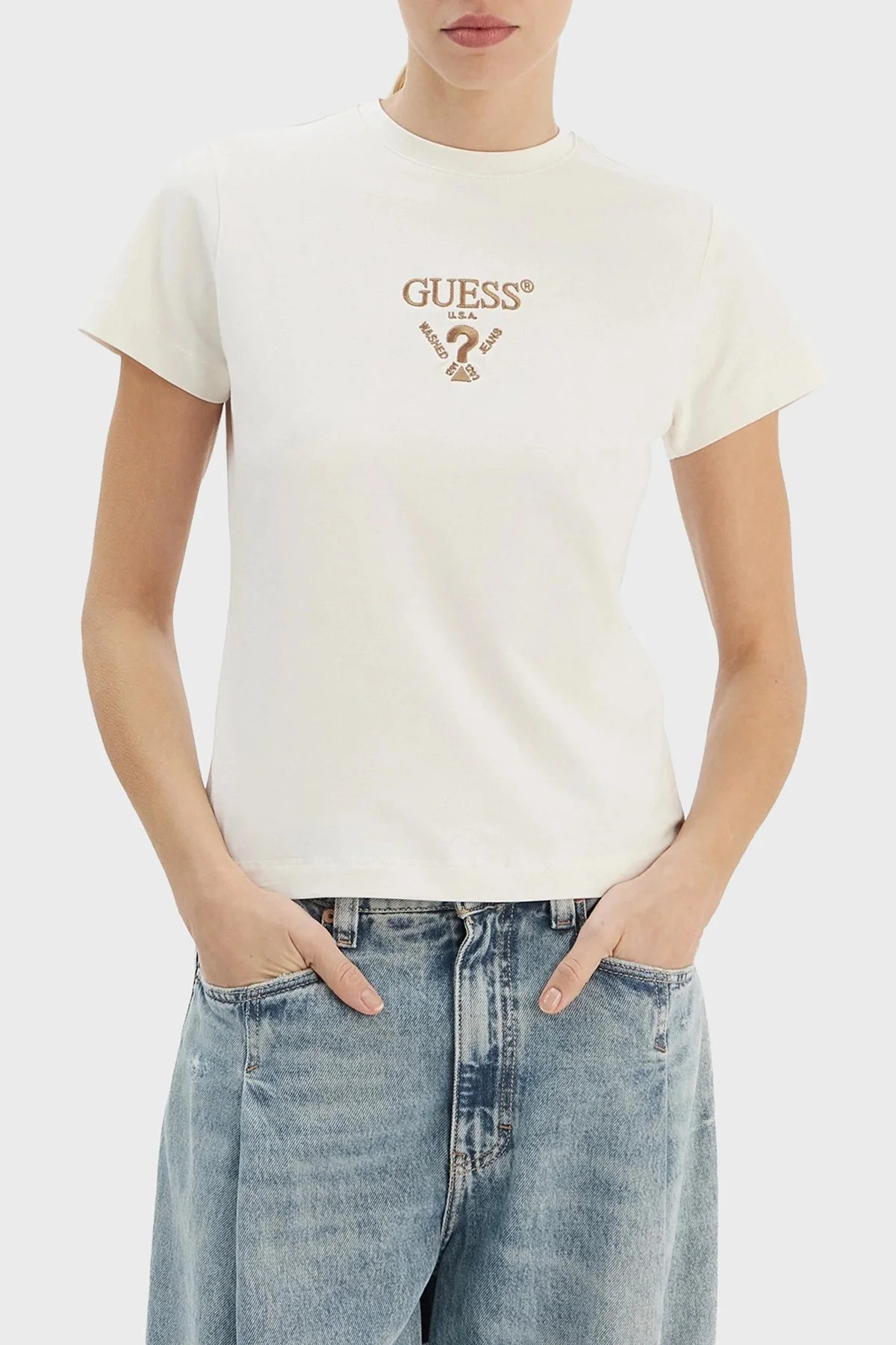 Guess Colette Pamuklu Slim Fit Logolu Bisiklet Yaka V4YI21KCDH1 Bayan T Shirt V4YI21 KCDH1 D001 BEYAZ - 1