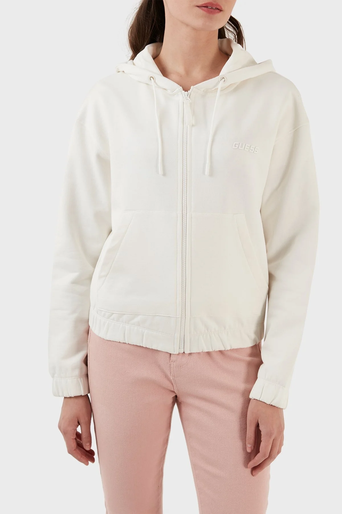 Guess Corine % 100 Pamuk Regular Fit Fermuarlı Kapüşonlu Bayan Sweat V3RQ09K68I3 G018 EKRU - 1