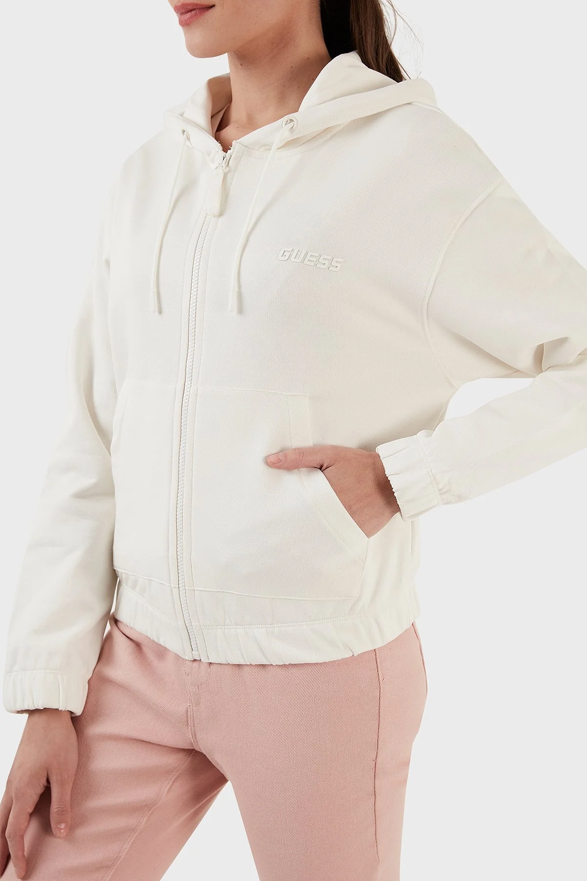 Guess Corine % 100 Pamuk Regular Fit Fermuarlı Kapüşonlu Bayan Sweat V3RQ09K68I3 G018 EKRU - 3