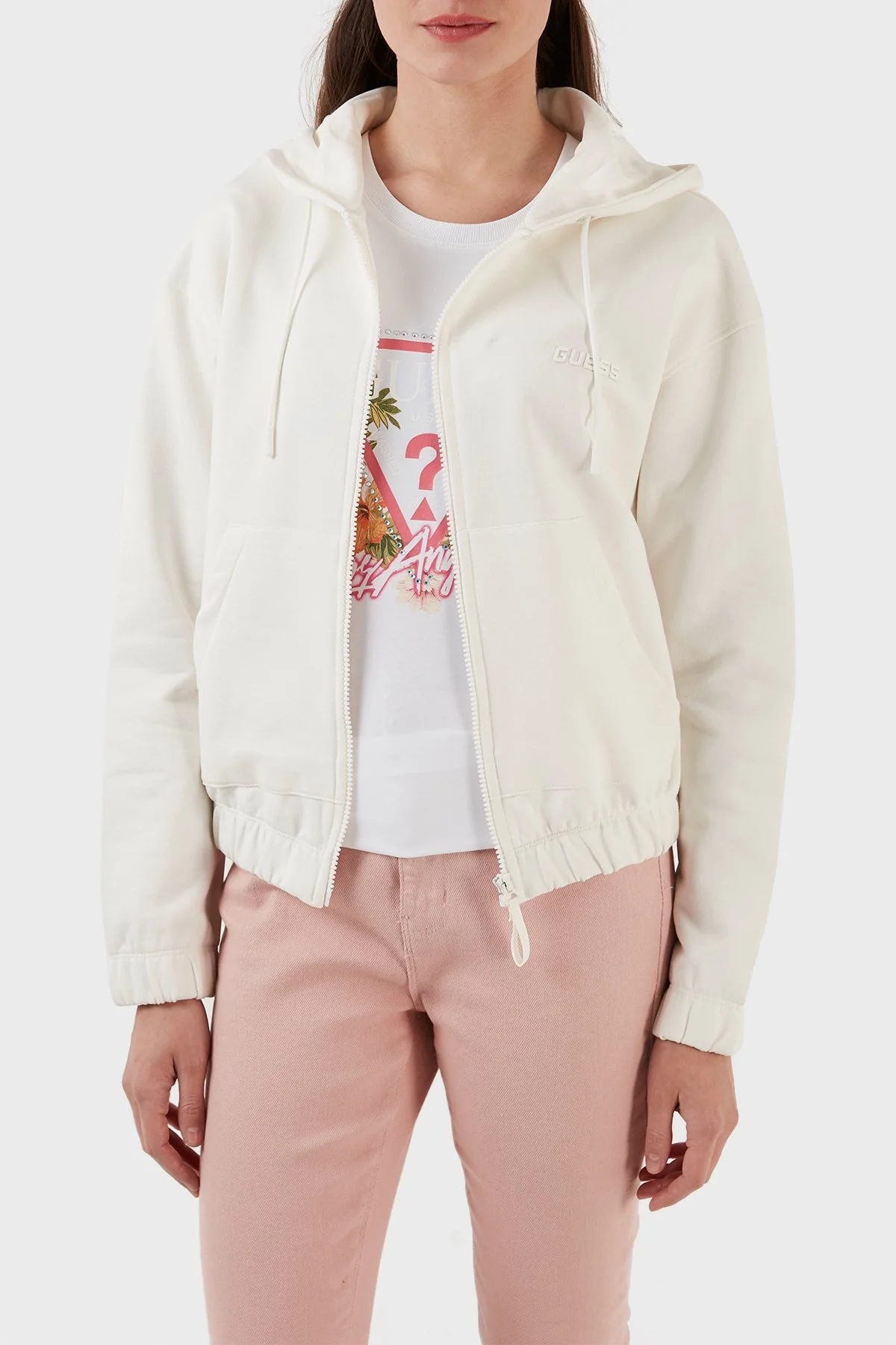 Guess Corine % 100 Pamuk Regular Fit Fermuarlı Kapüşonlu Bayan Sweat V3RQ09K68I3 G018 EKRU - 4