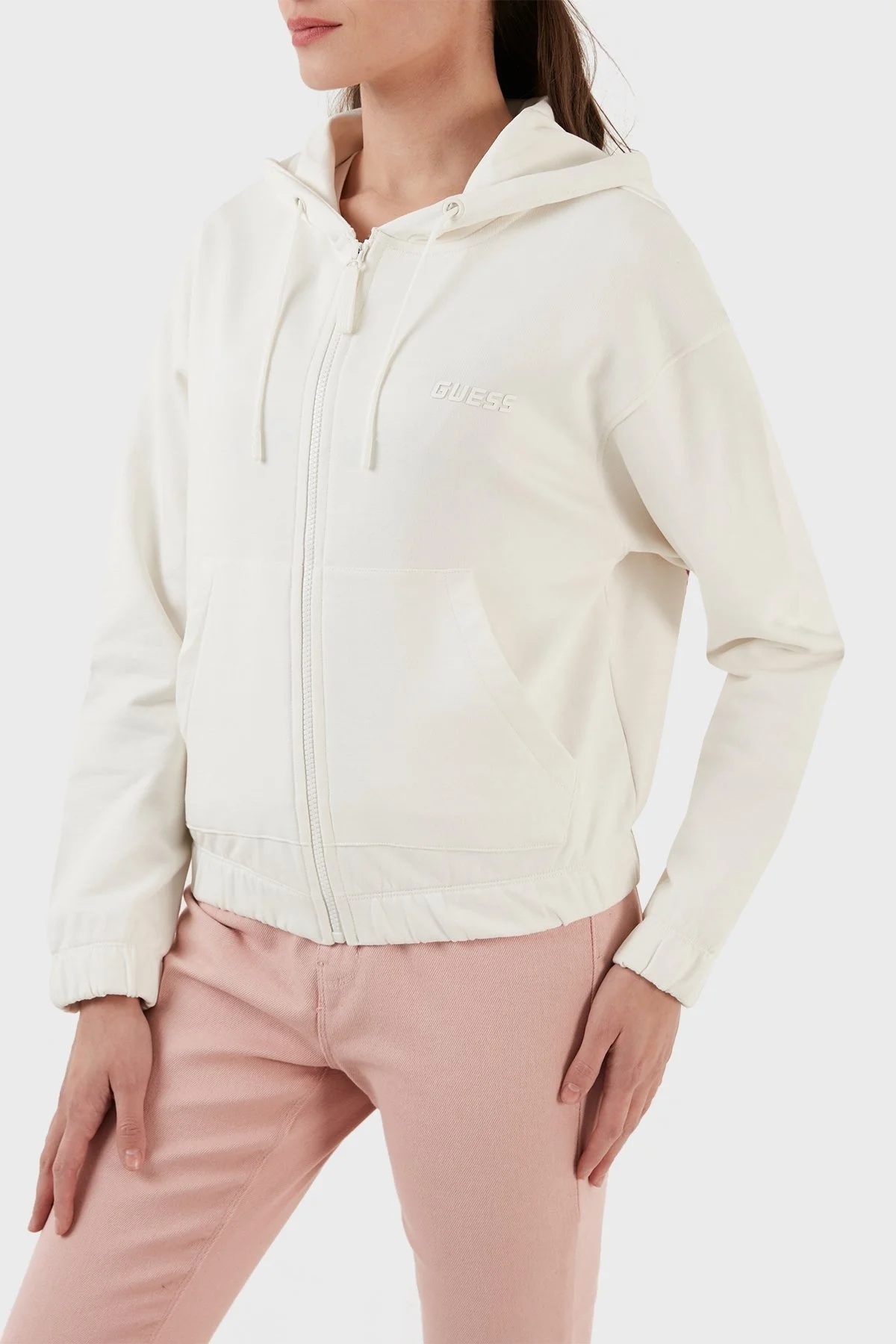 Guess Corine % 100 Pamuk Regular Fit Fermuarlı Kapüşonlu Bayan Sweat V3RQ09K68I3 G018 EKRU - 5