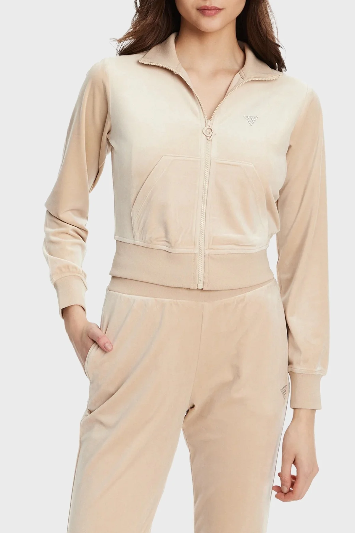 Guess Couture Taşlı Regular Fit Dik Yaka Kadife Crop V3BQ22K0232 Bayan Sweat V3BQ22 K0232 A90F BEJ - 1