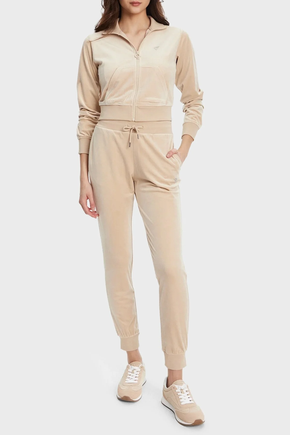 Guess Couture Taşlı Regular Fit Dik Yaka Kadife Crop V3BQ22K0232 Bayan Sweat V3BQ22 K0232 A90F BEJ - 2