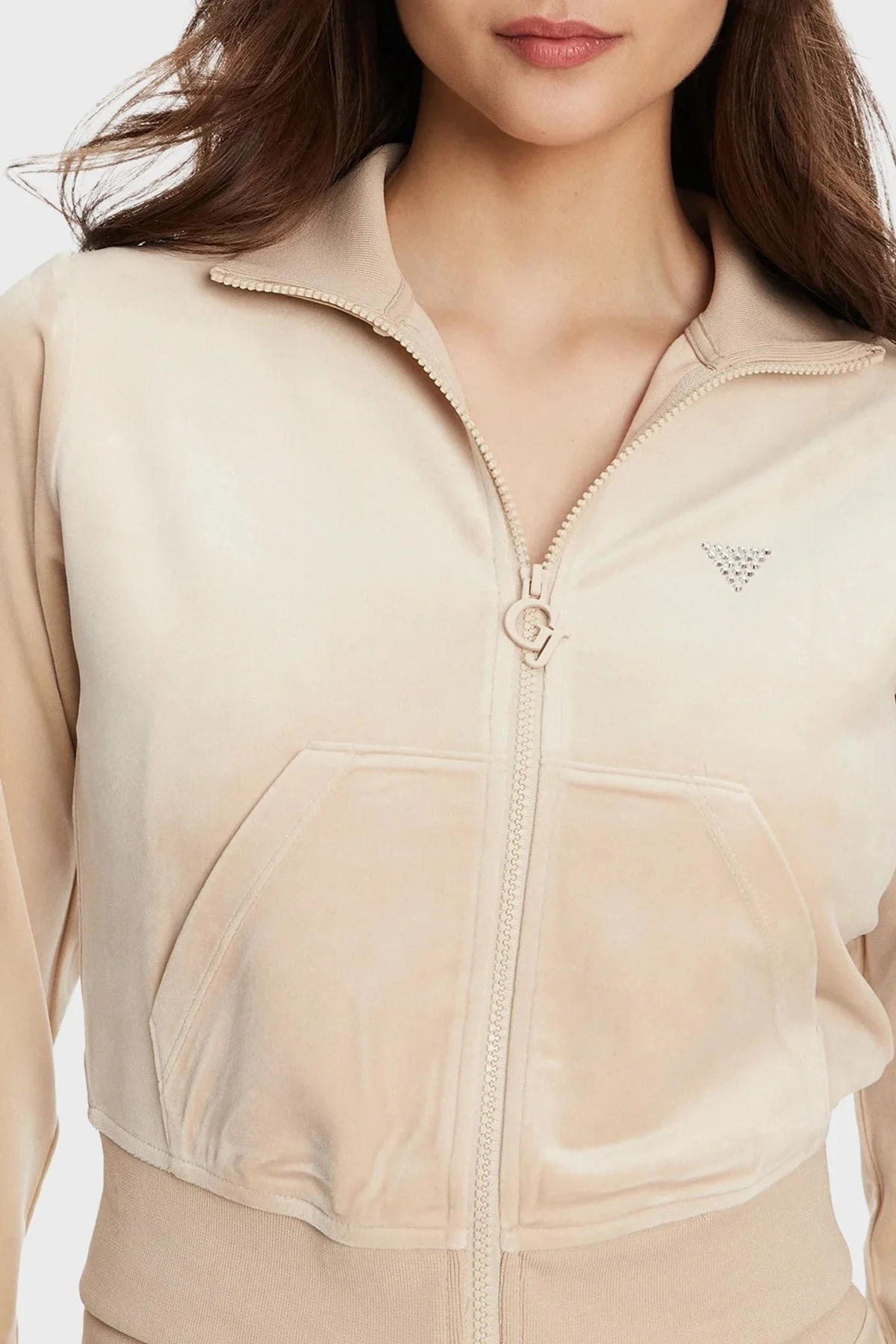 Guess Couture Taşlı Regular Fit Dik Yaka Kadife Crop V3BQ22K0232 Bayan Sweat V3BQ22 K0232 A90F BEJ - 4