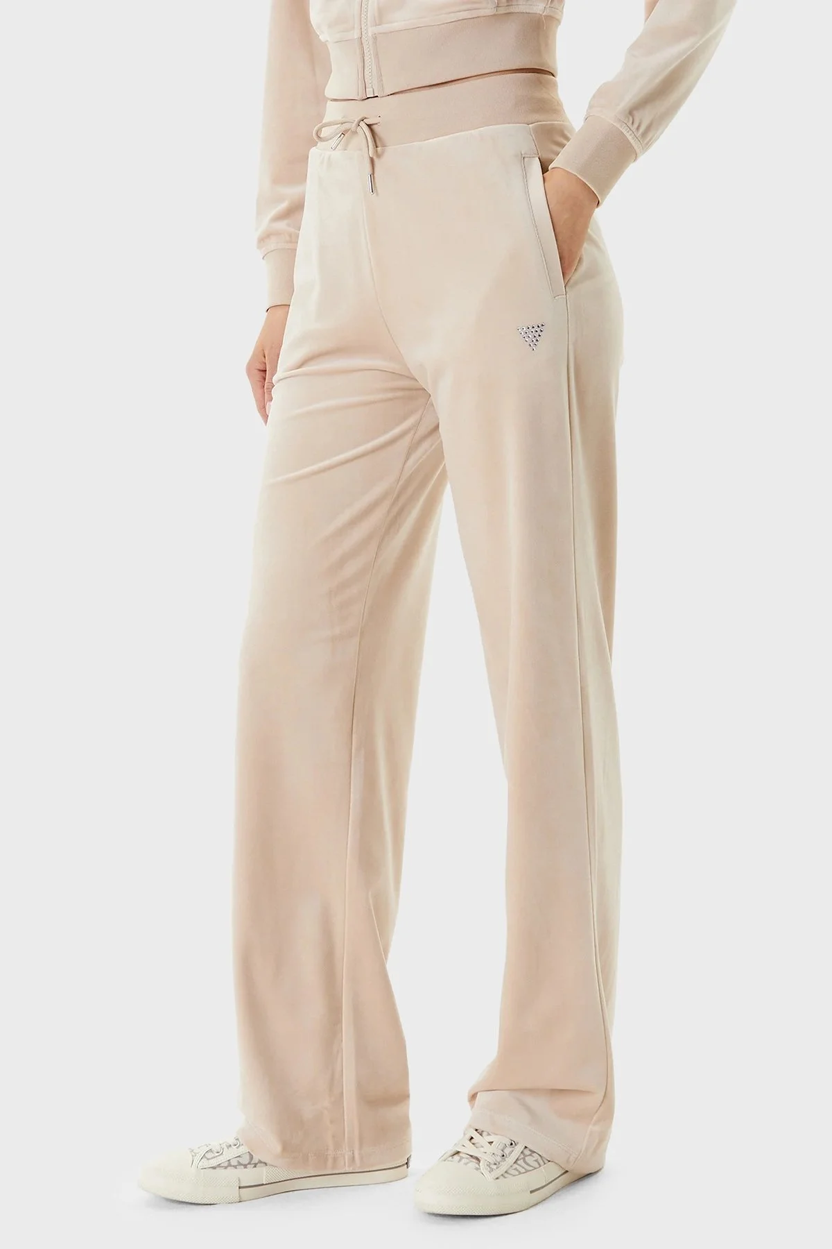 Guess Couture Taşlı Regular Fit Yüksek Bel Kadife Jogger V3BB26K0232 Bayan Pantolon V3BB26 K0232 A90F BEJ - 1