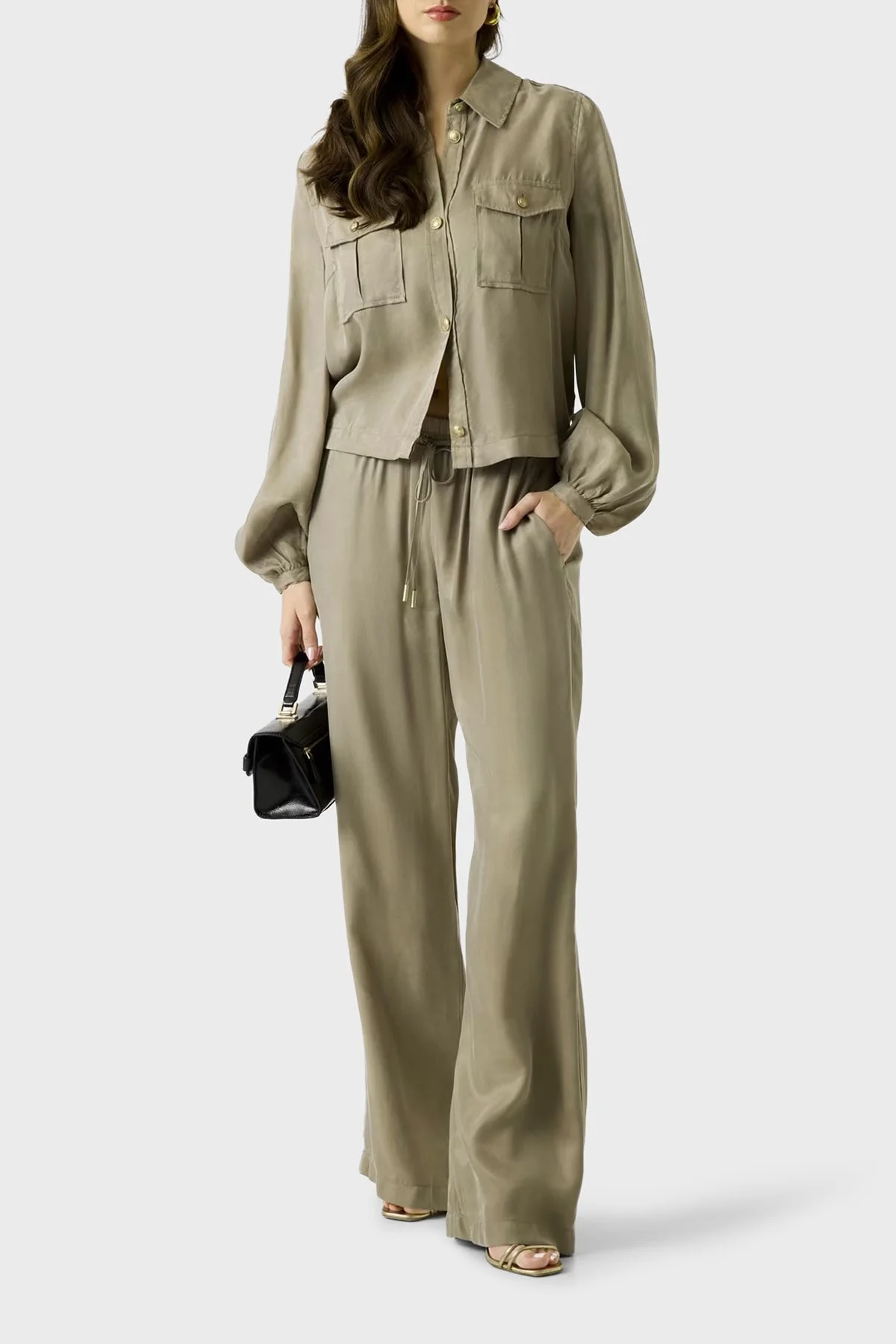 Guess Dalia Comfort Fit Klasik Yaka Uzun Balon Kollu W6GH22W1789 Bayan Gömlek W6GH22 W1789 G8CJ HAKİ - 2