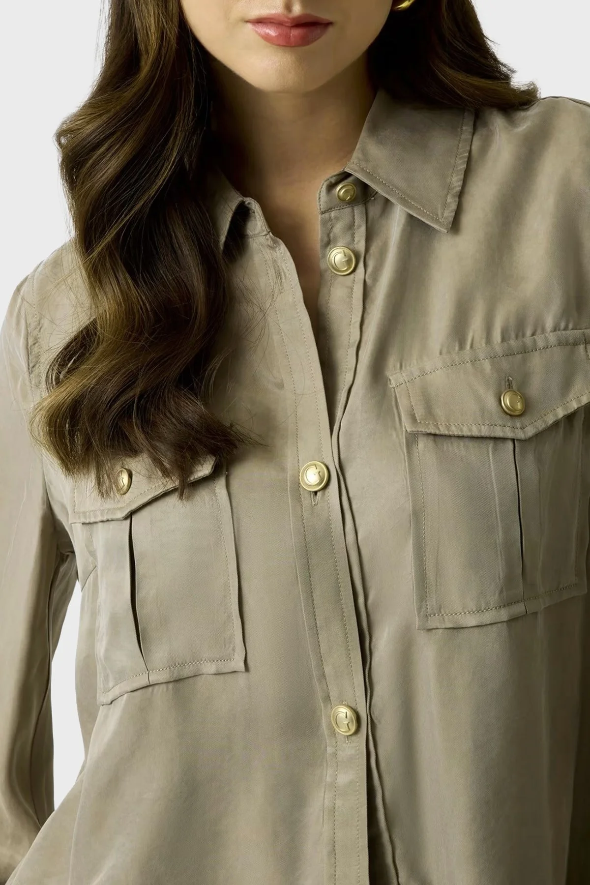 Guess Dalia Comfort Fit Klasik Yaka Uzun Balon Kollu W6GH22W1789 Bayan Gömlek W6GH22 W1789 G8CJ HAKİ - 4