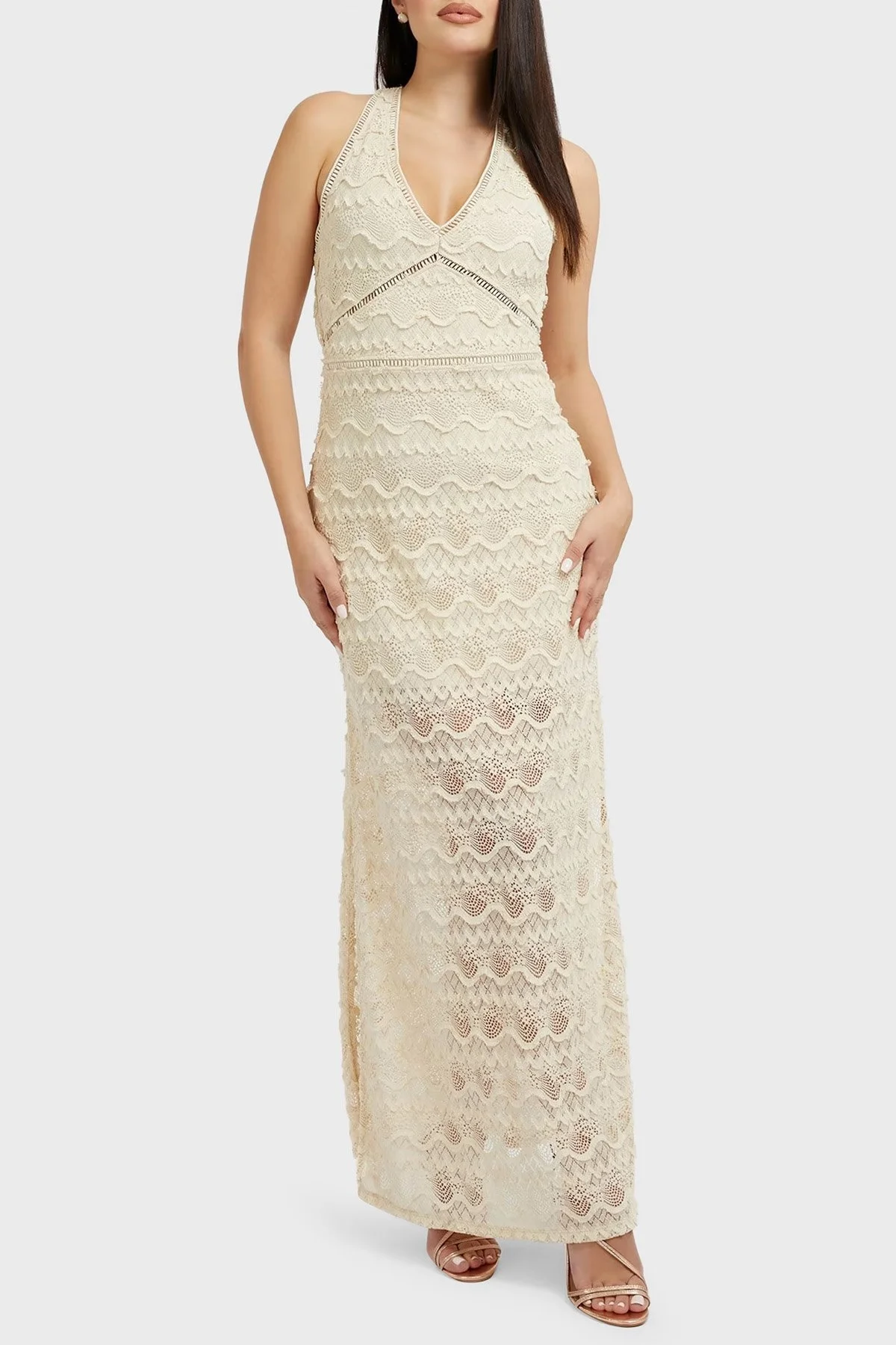 Guess Dar Kesim Sırt Dekolteli V Yaka Yırtmaçlı Güpürlü Maxi Liza Bayan Elbise W3GK27KBPQ0 G1M5 BEJ - 1