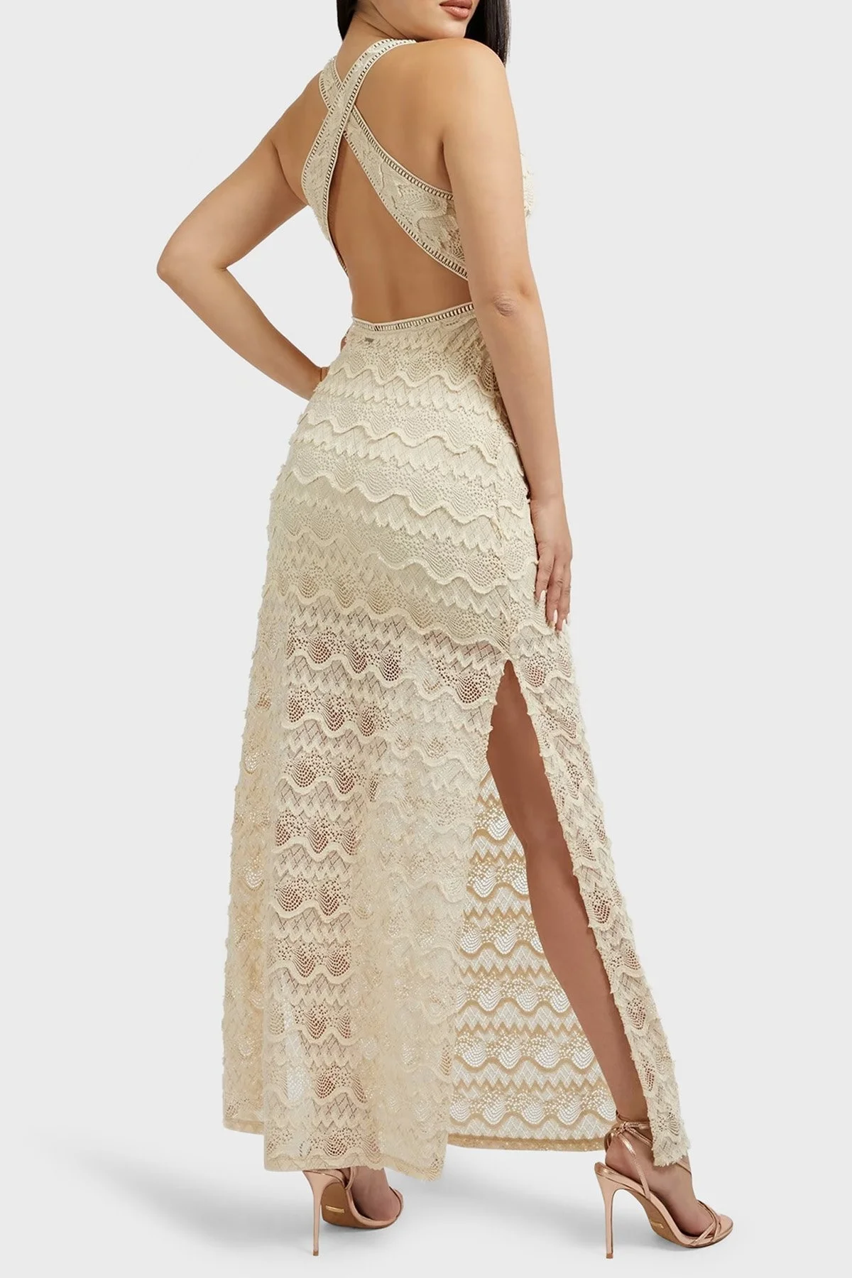 Guess Dar Kesim Sırt Dekolteli V Yaka Yırtmaçlı Güpürlü Maxi Liza Bayan Elbise W3GK27KBPQ0 G1M5 BEJ - 2