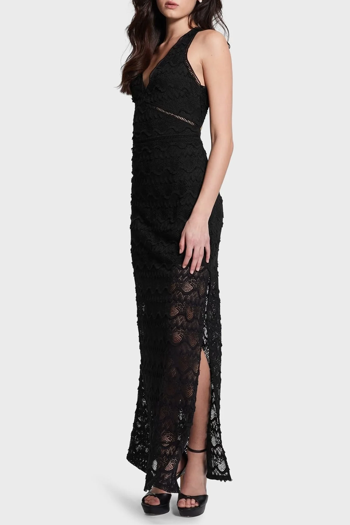 Guess Dar Kesim Sırt Dekolteli V Yaka Yırtmaçlı Güpürlü Maxi Liza Bayan Elbise W3GK27KBPQ0 JBLK SİYAH - 2