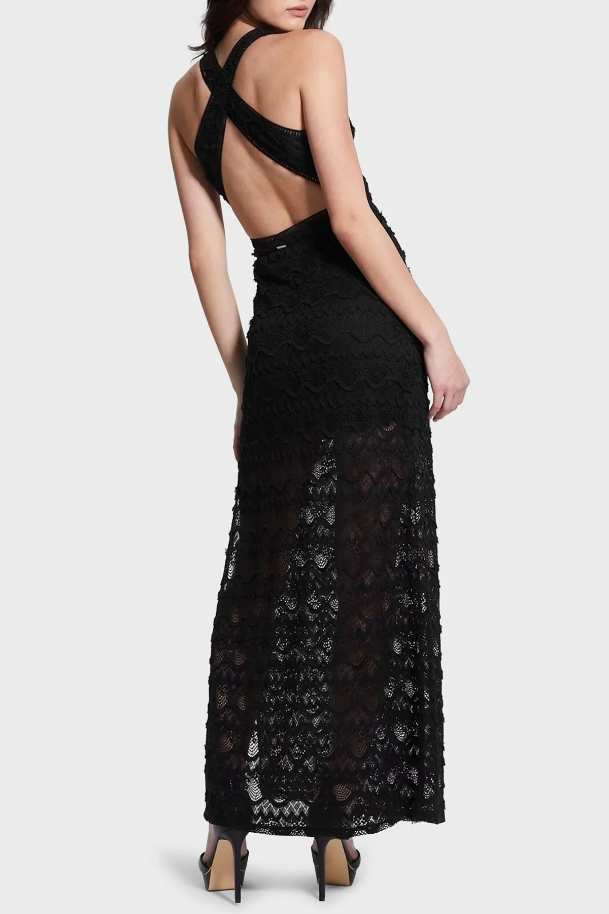 Guess Dar Kesim Sırt Dekolteli V Yaka Yırtmaçlı Güpürlü Maxi Liza Bayan Elbise W3GK27KBPQ0 JBLK SİYAH - 5