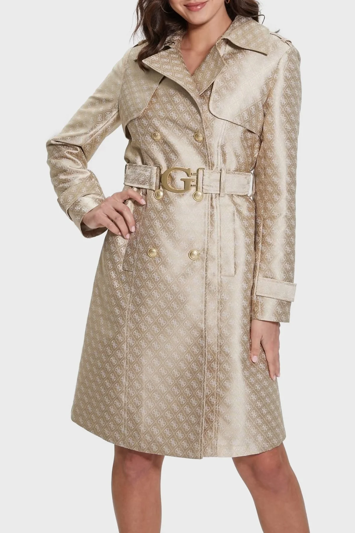 Guess Diletta Logolu Regular Fit Kemerli Jakarlı Bayan Trençkot W3YL03WFIR2 F05O BEJ - 1