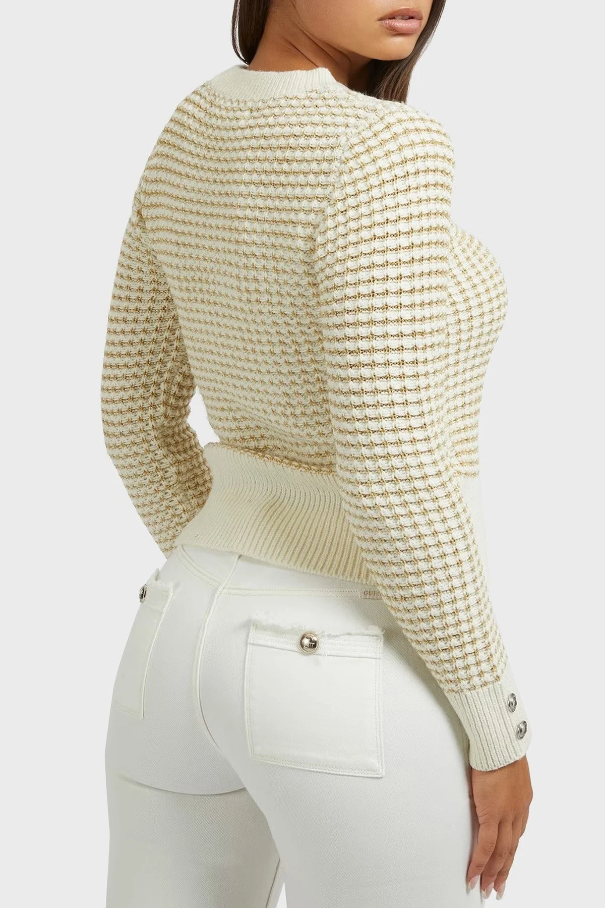 Guess Düğme Detaylı Yün Karışımlı Regular Fit Georgie Bayan Kazak W2BR29Z2X40 F0D9 EKRU-GOLD - 3