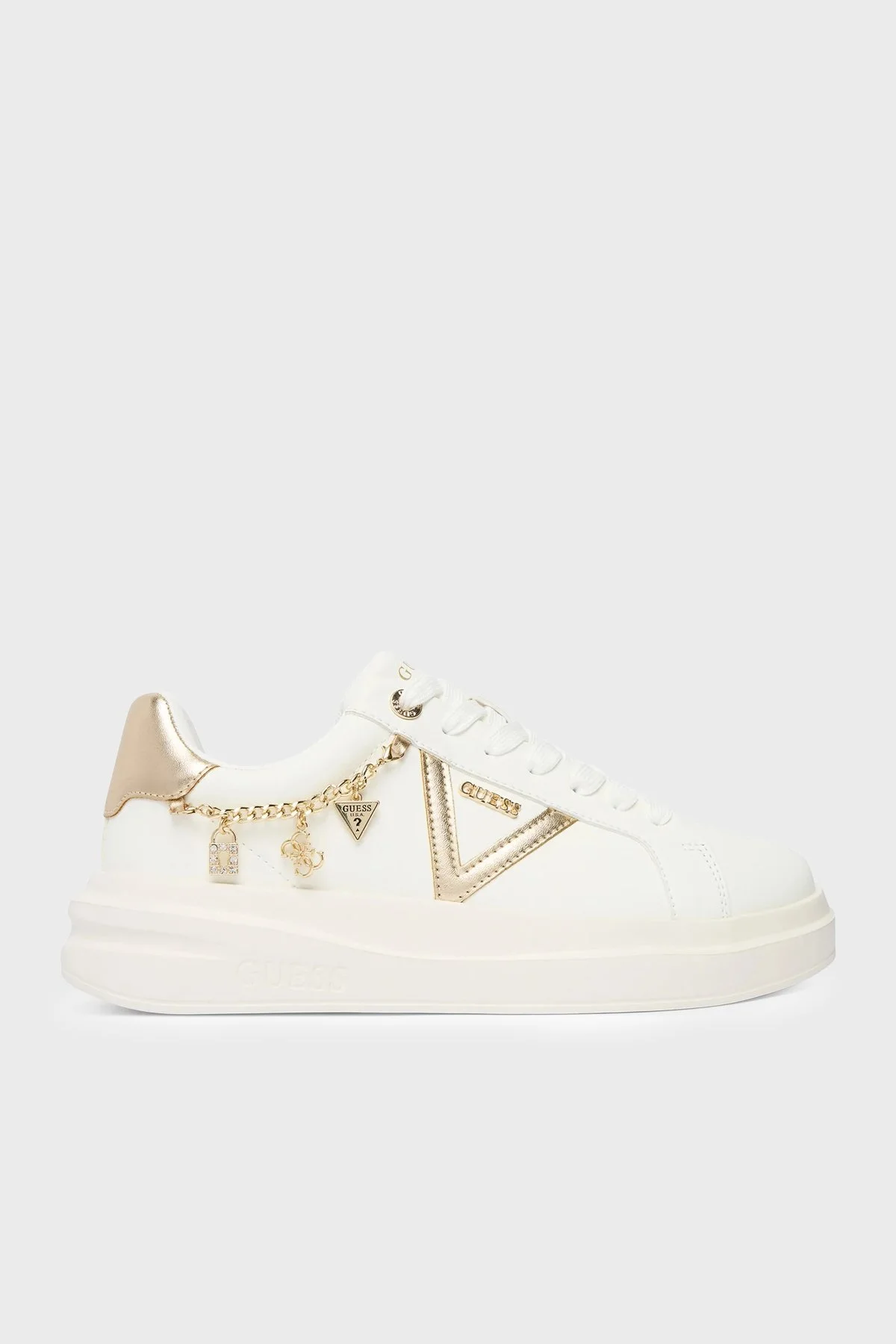 Guess Ebetts Aksesuar Detaylı Deri Sneaker FLTBTTLEA12 Kadın Ayakkabı FLTBTT LEA12 WHPLA Beyaz-gold - 1