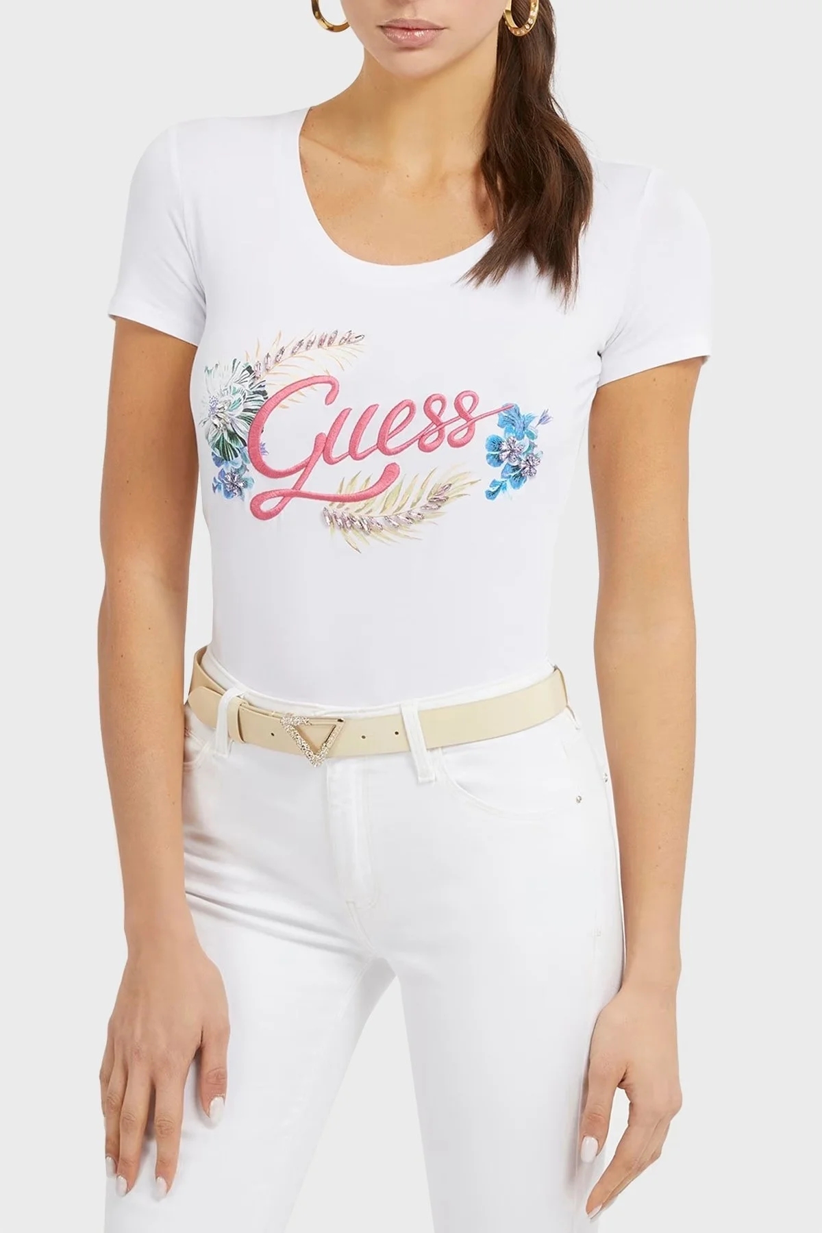 Guess Embellish Pamuklu Nakışlı Logolu Slim Fit Bisiklet Yaka Bayan T Shirt W3GI40J1314 G011 BEYAZ - 1
