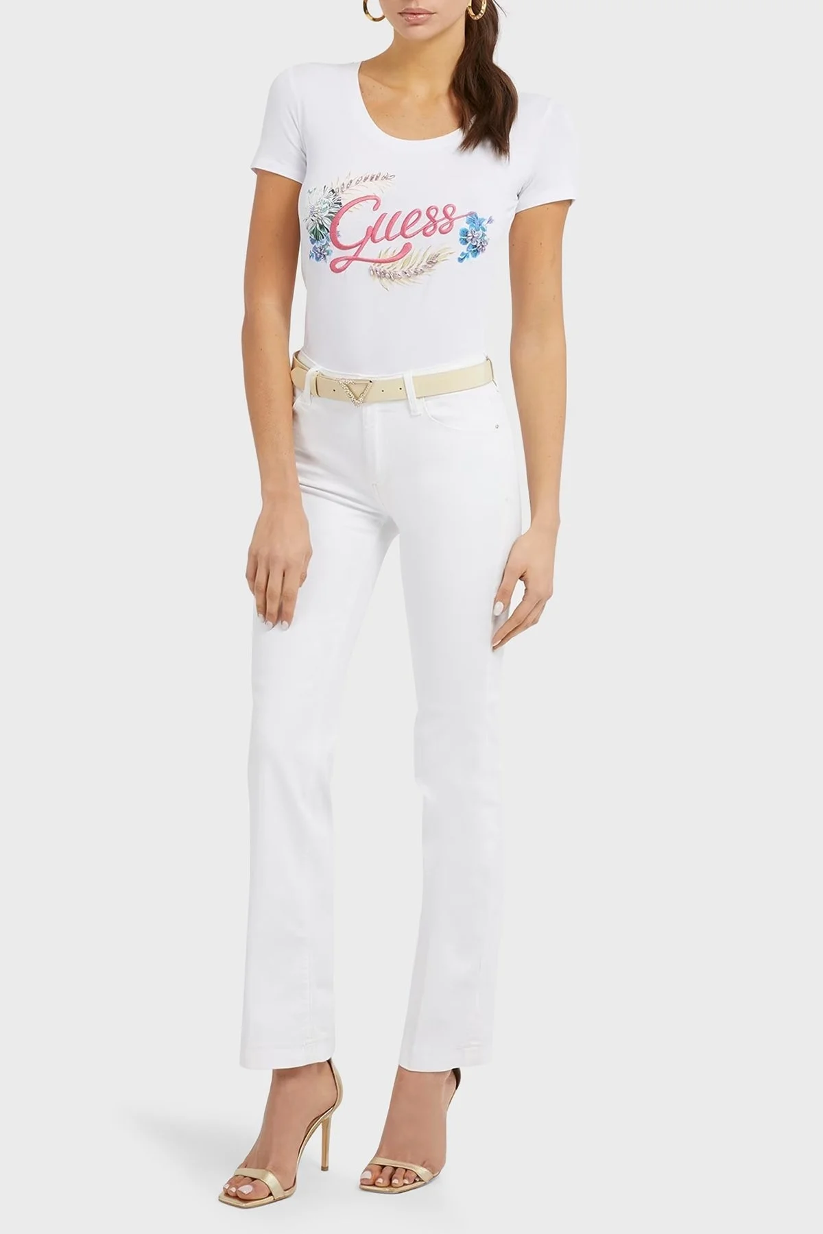 Guess Embellish Pamuklu Nakışlı Logolu Slim Fit Bisiklet Yaka Bayan T Shirt W3GI40J1314 G011 BEYAZ - 2