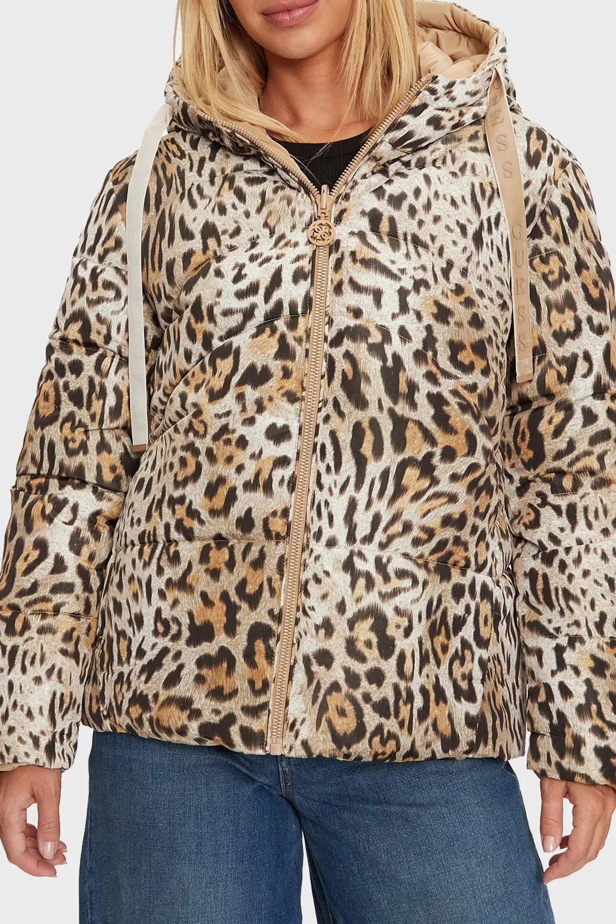 Guess Emelie Regular Fit Kapüşonlu Çift Taraflı Şişme W4BL38WGK12 Bayan Mont W4BL38 WGK12 P1KF LEOPAR - 1
