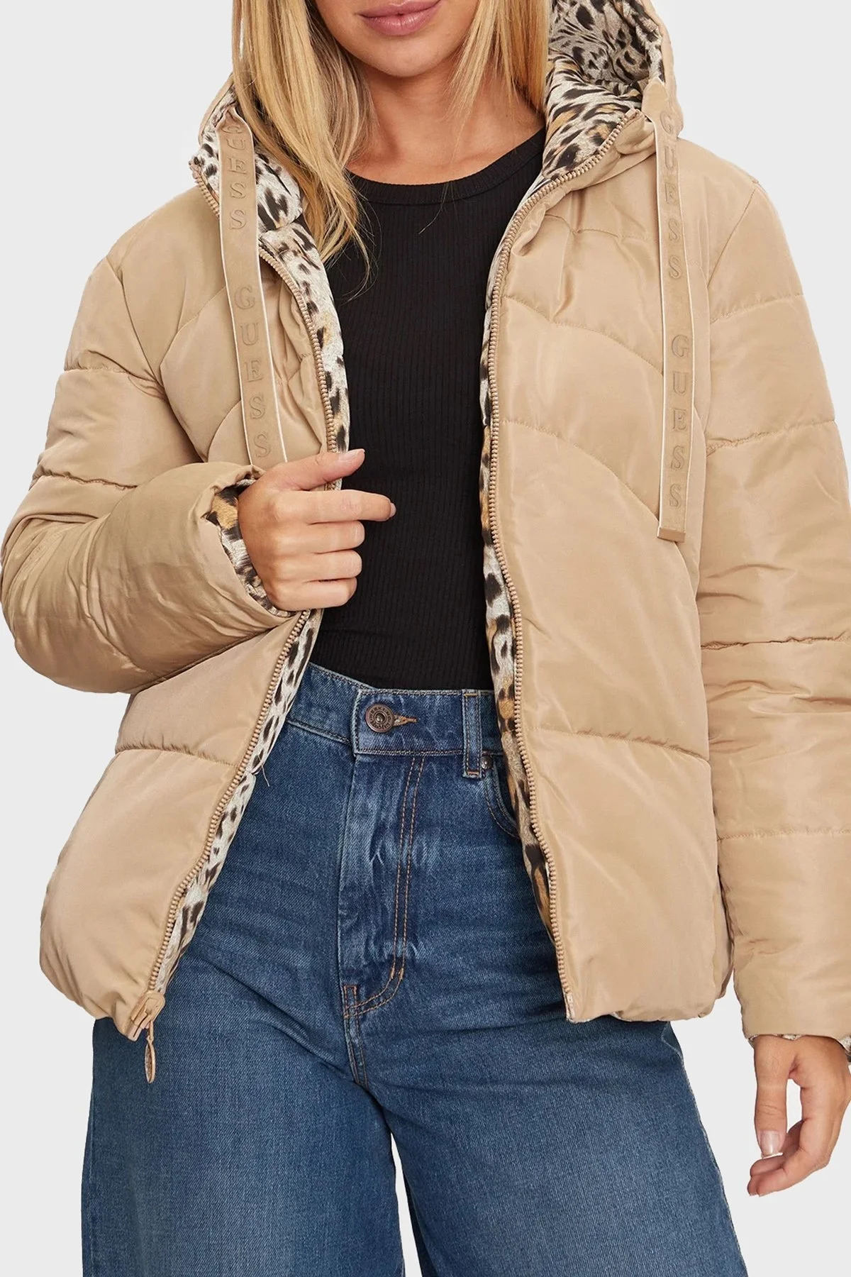 Guess Emelie Regular Fit Kapüşonlu Çift Taraflı Şişme W4BL38WGK12 Bayan Mont W4BL38 WGK12 P1KF LEOPAR - 2