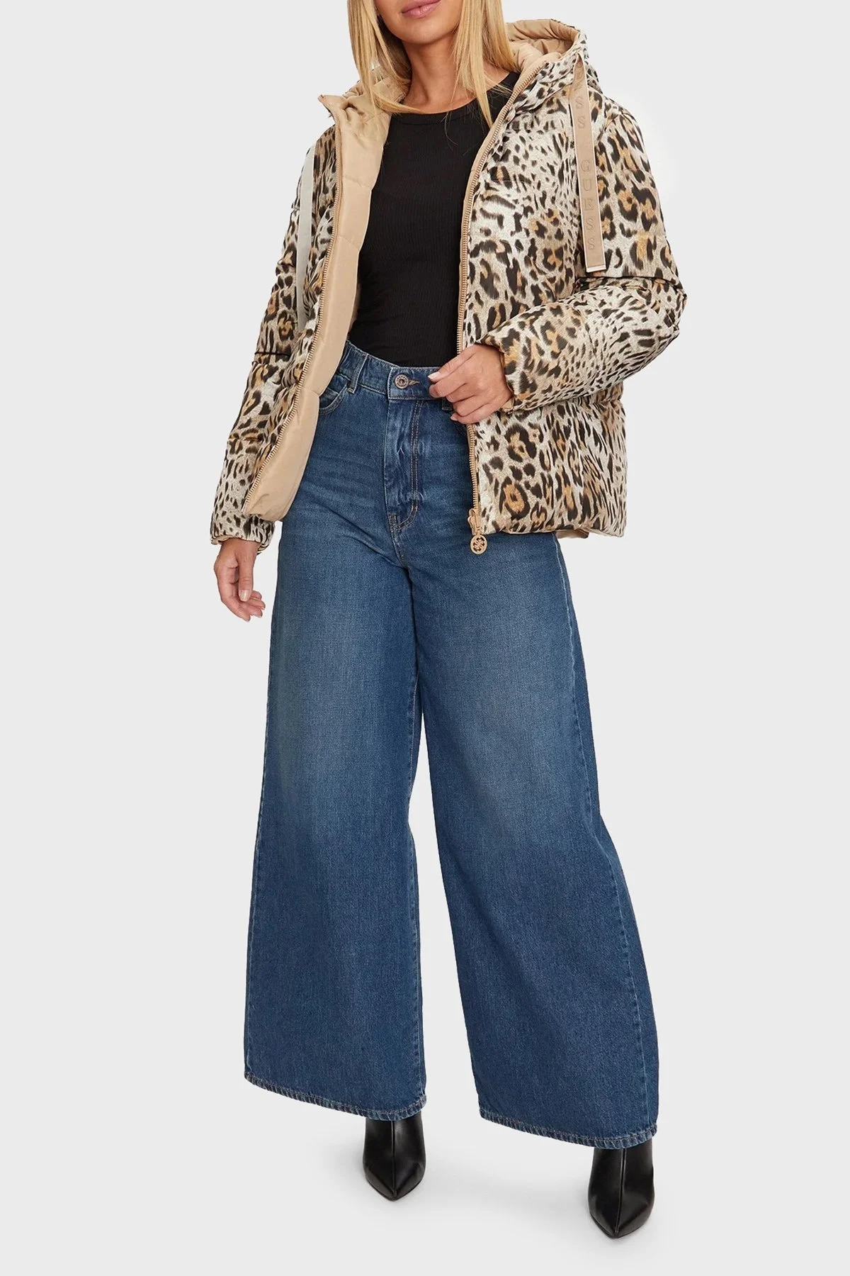 Guess Emelie Regular Fit Kapüşonlu Çift Taraflı Şişme W4BL38WGK12 Bayan Mont W4BL38 WGK12 P1KF LEOPAR - 3