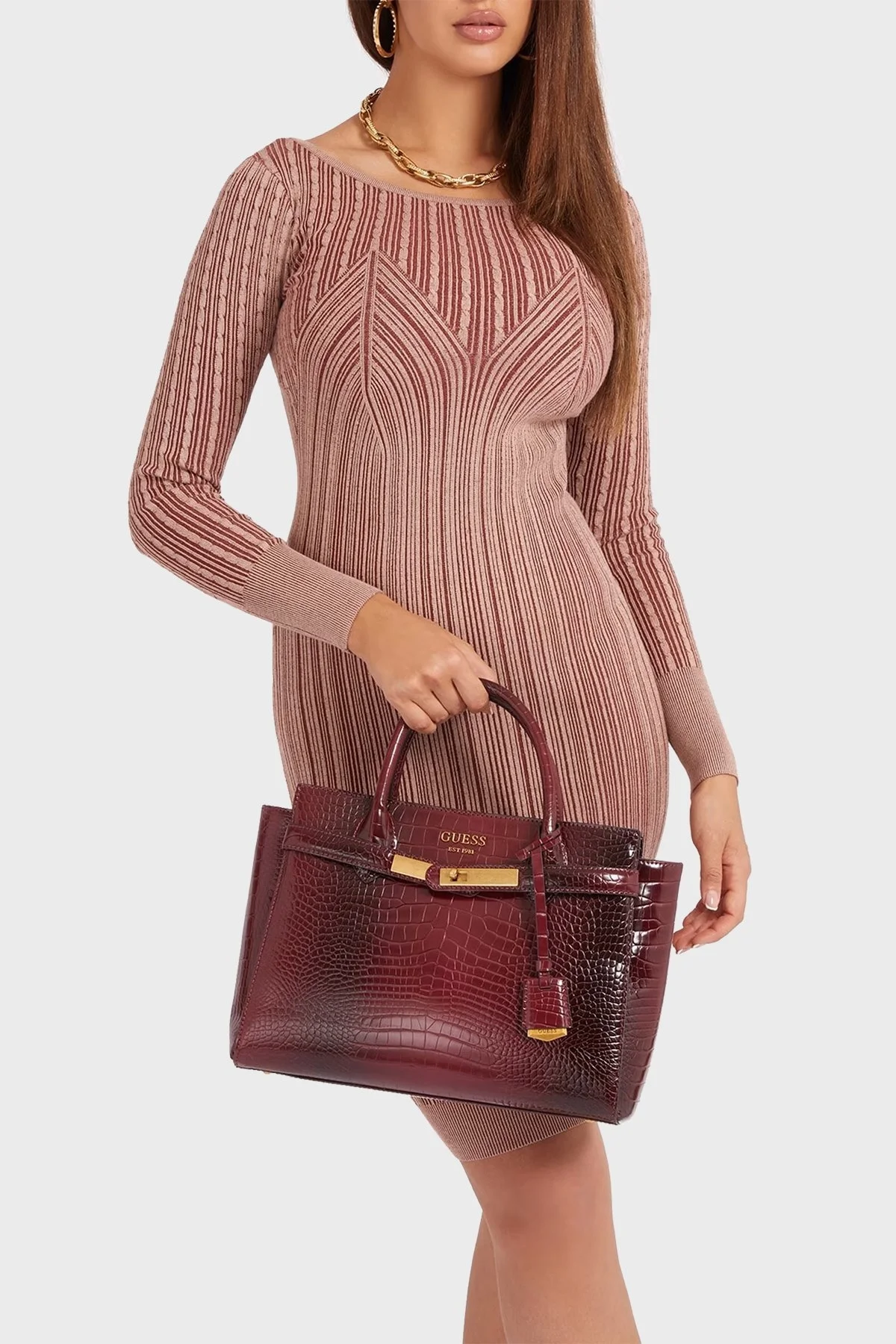 Guess Enisa Timsah Derisi Desenli Çıkarılabilir Uzatma Askılı Bayan Çanta HWCH8421060 MER BORDO - 2