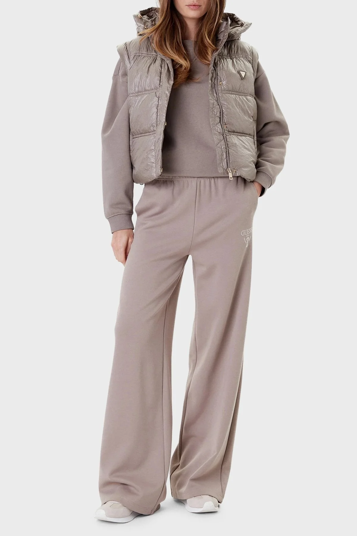 Guess Ernestine Regular Fit Çıkarılabilir Kapüşonlu Logolu Şişme W5YL11WHDO2 Bayan Yelek W5YL11 WHDO2 G1J1 GRİ - 2