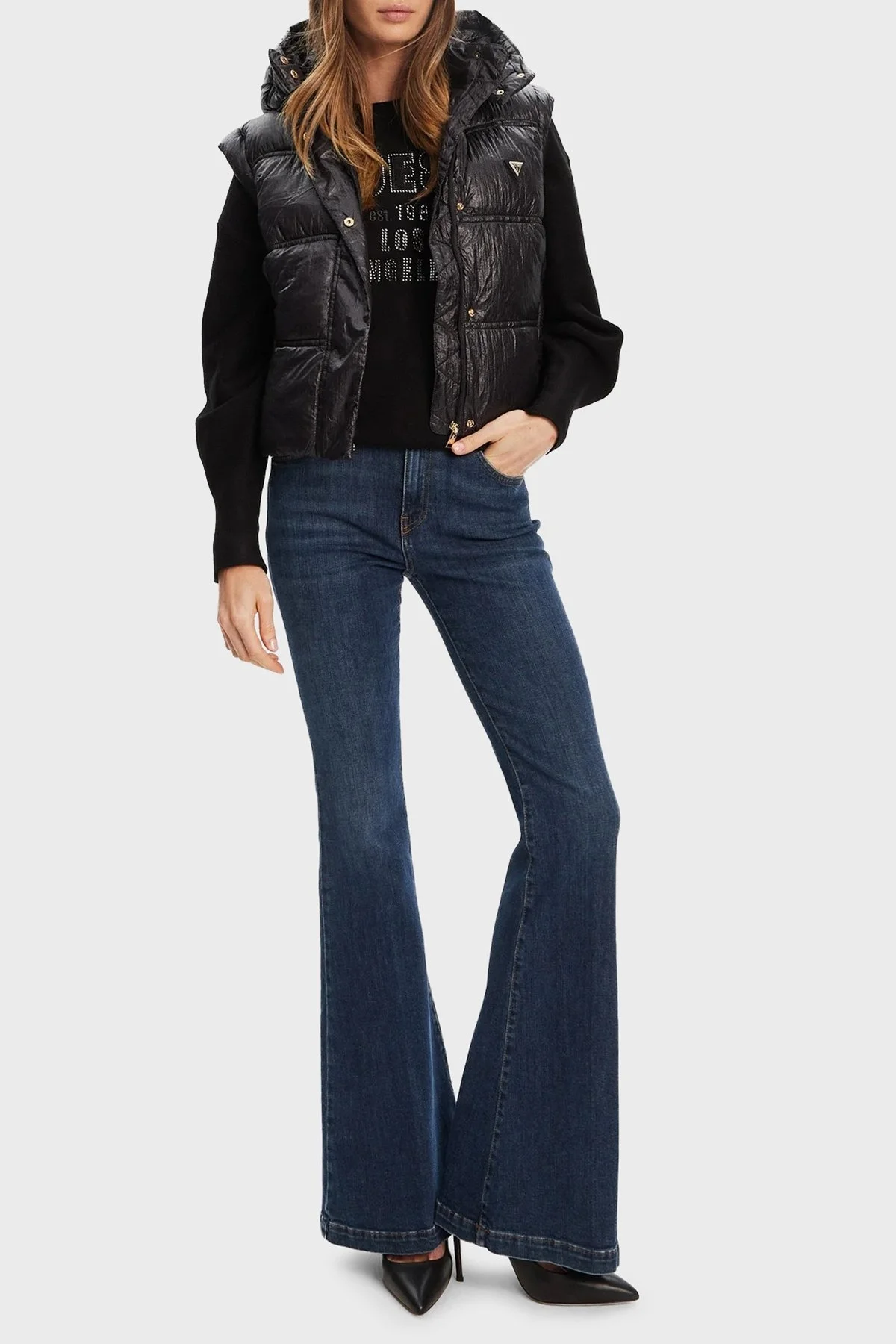 Guess Ernestine Regular Fit Çıkarılabilir Kapüşonlu Logolu Şişme W5YL11WHDO2 Bayan Yelek W5YL11 WHDO2 JBLK SİYAH - 2