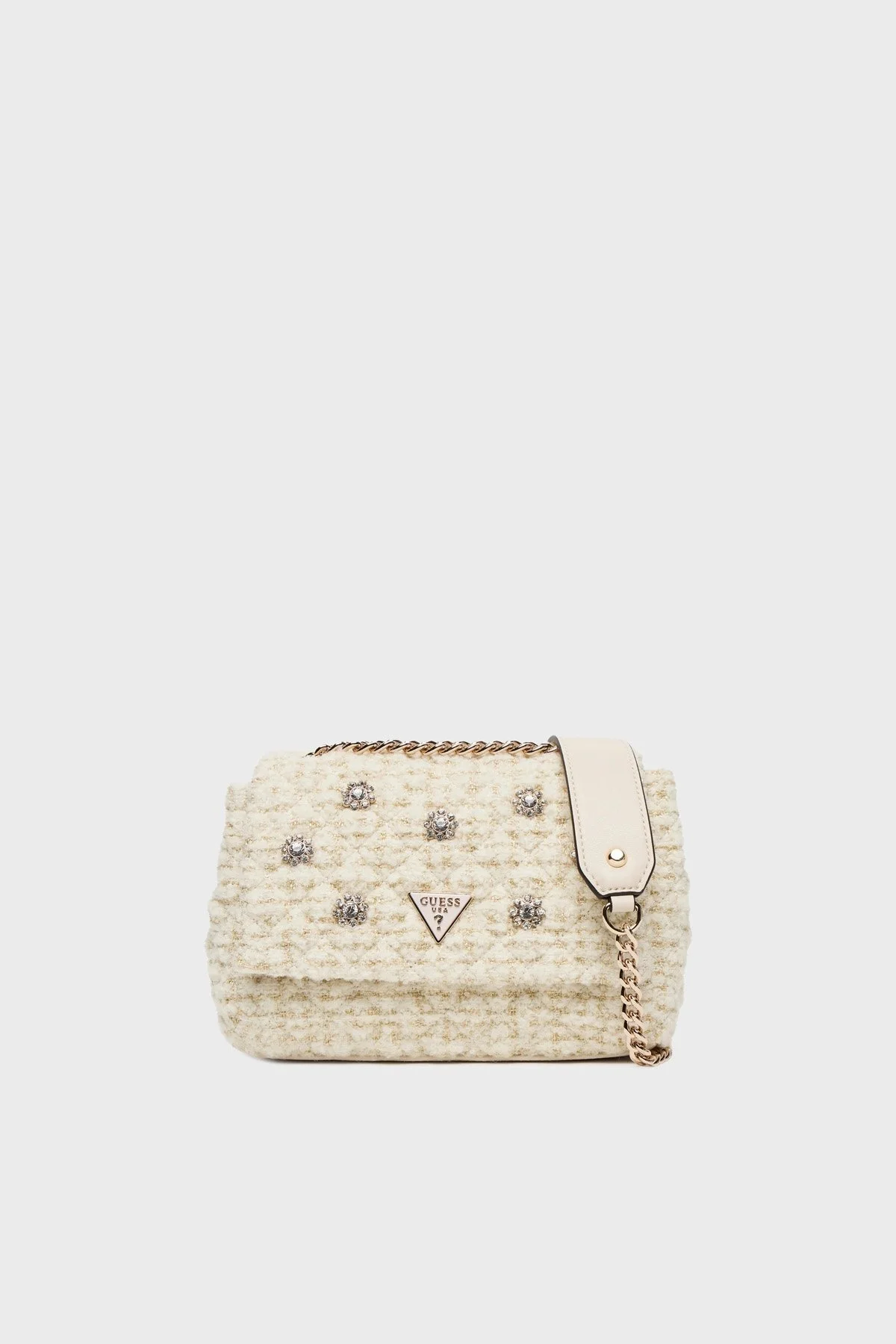 Guess Everlee Logolu Ayarlanabilir Zincir Askılı Tweed HWAT8679210 Bayan Çanta HWAT86 79210 IVO EKRU - 1