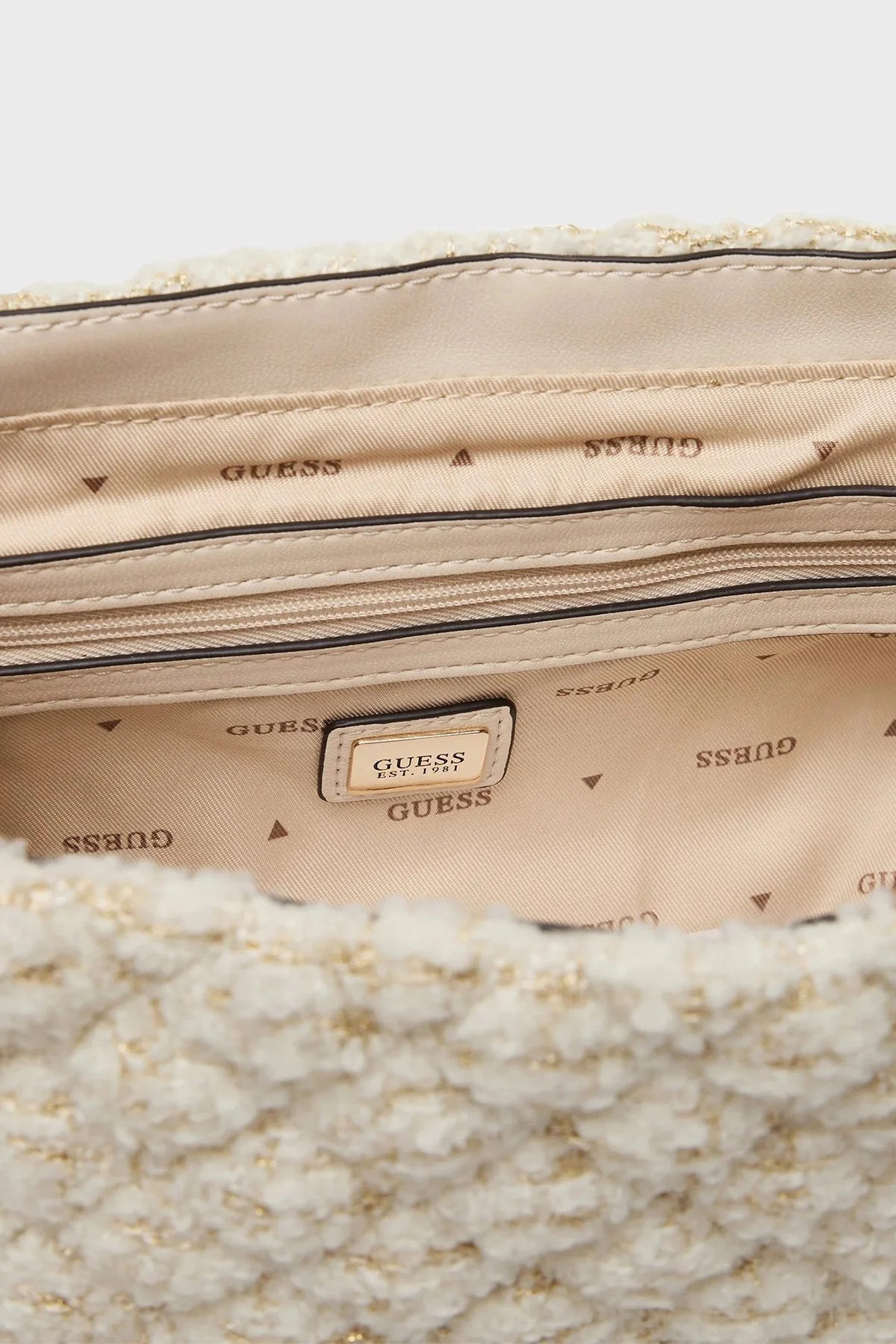 Guess Everlee Logolu Ayarlanabilir Zincir Askılı Tweed HWAT8679210 Bayan Çanta HWAT86 79210 IVO EKRU - 3