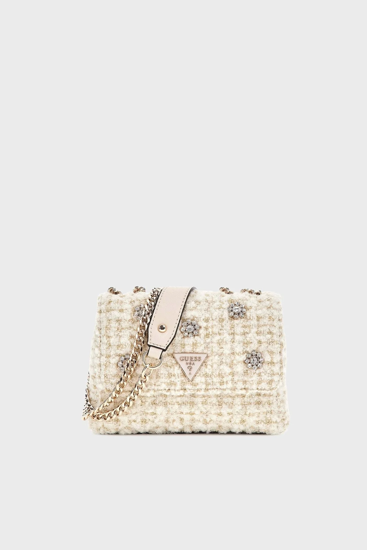 Guess Everlee Logolu Ayarlanabilir Zincir Askılı Tweed HWAT8679780 Bayan Çanta HWAT86 79780 IVO EKRU - 1