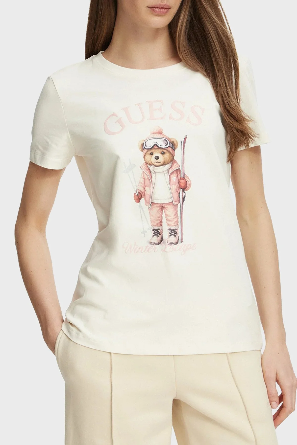 Guess Fabrizia Logolu Pamuklu Bisiklet Yaka V6BI19K6749 Kadın T Shirt V6BI19 K6749 G012 Beyaz - 1