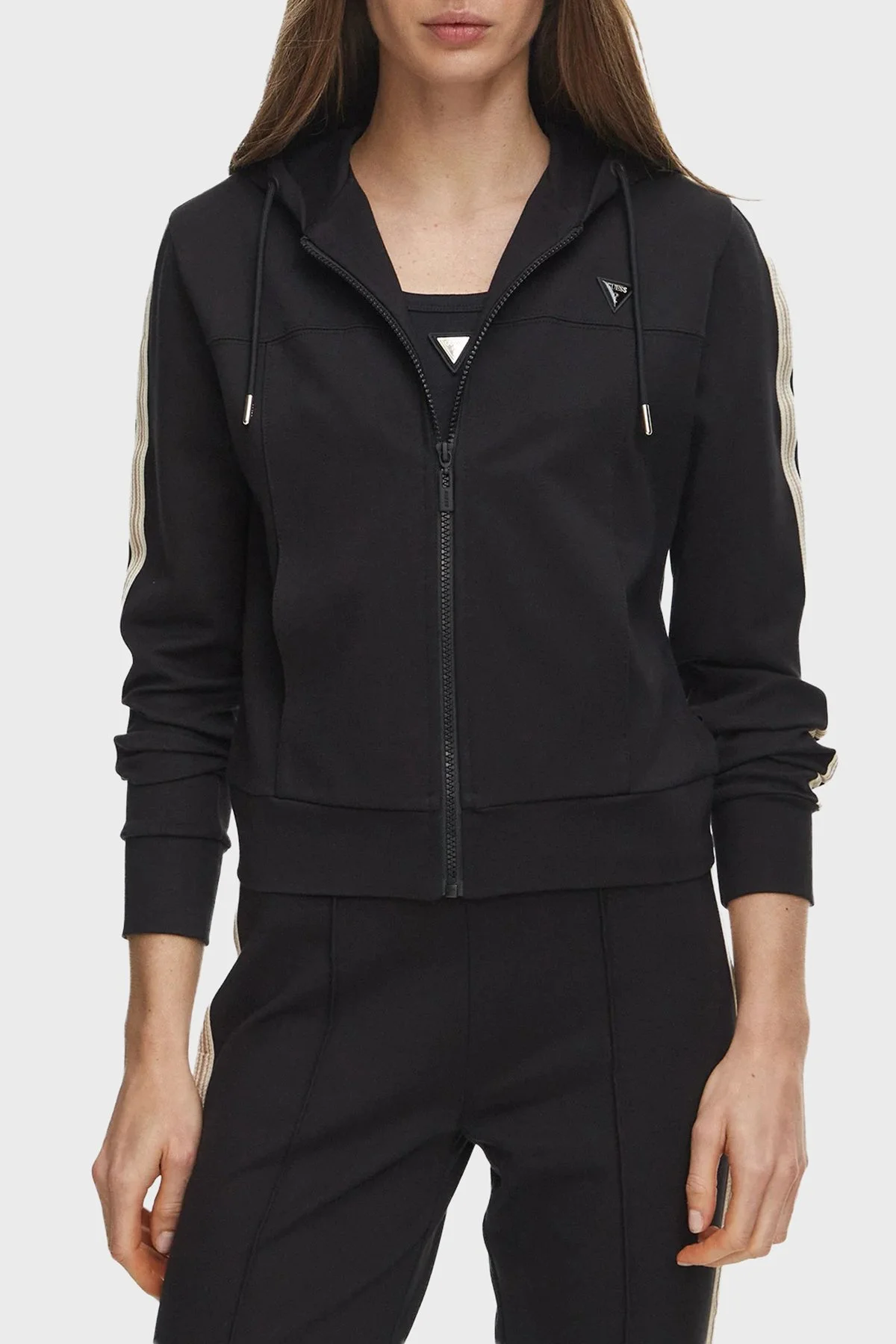 Guess Fausta Slim Fit Kapüşonlu Yaka Fermuarlı V6BQ02K6254 Kadın Sweat V6BQ02 K6254 JBLK Siyah - 1