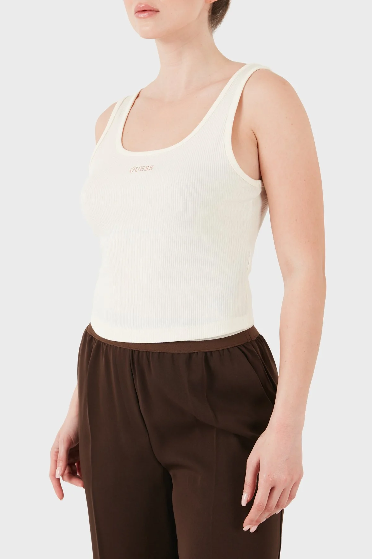 Guess Fitilli Slim Fit Yuvarlak Yaka V6GP05K2970 Kadın Top V6GP05 K2970 G1O6 KREM - 4