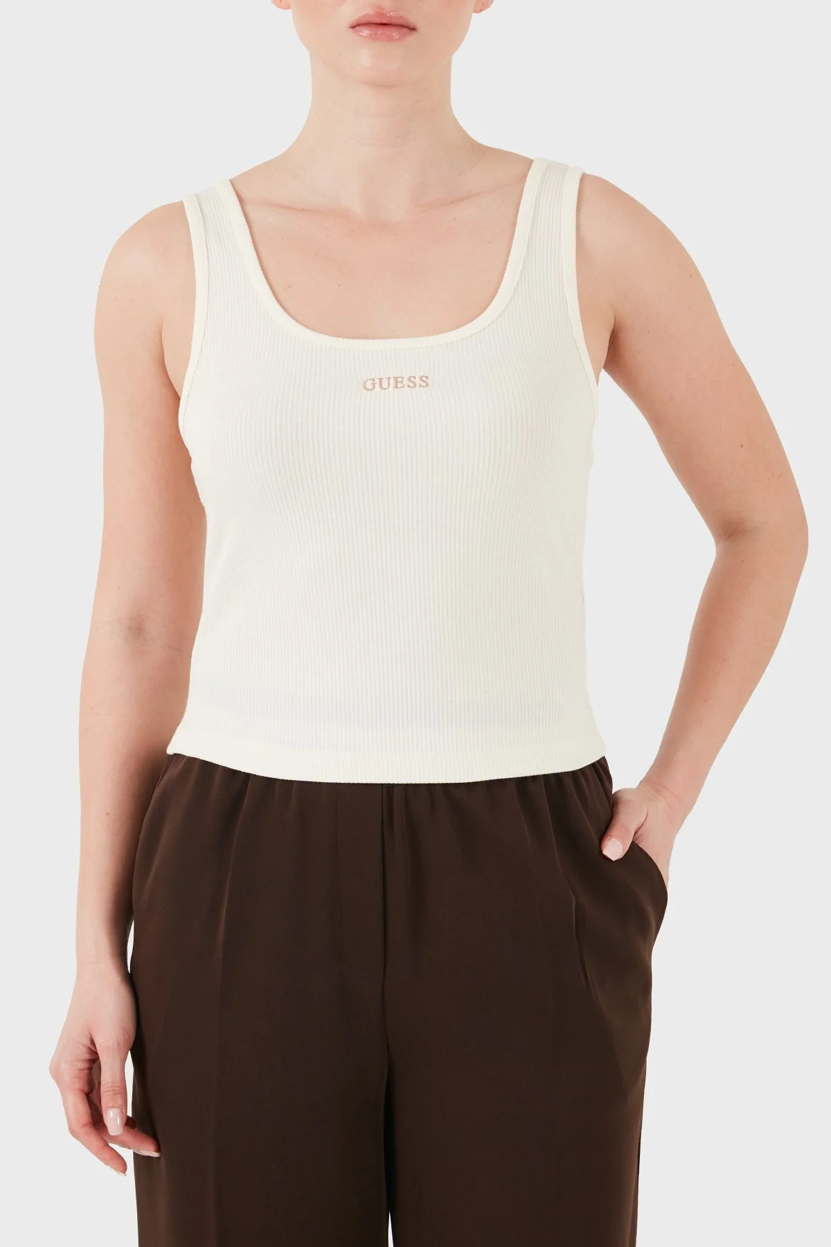 Guess Fitilli Slim Fit Yuvarlak Yaka V6GP05K2970 Kadın Top V6GP05 K2970 G1O6 KREM - 5