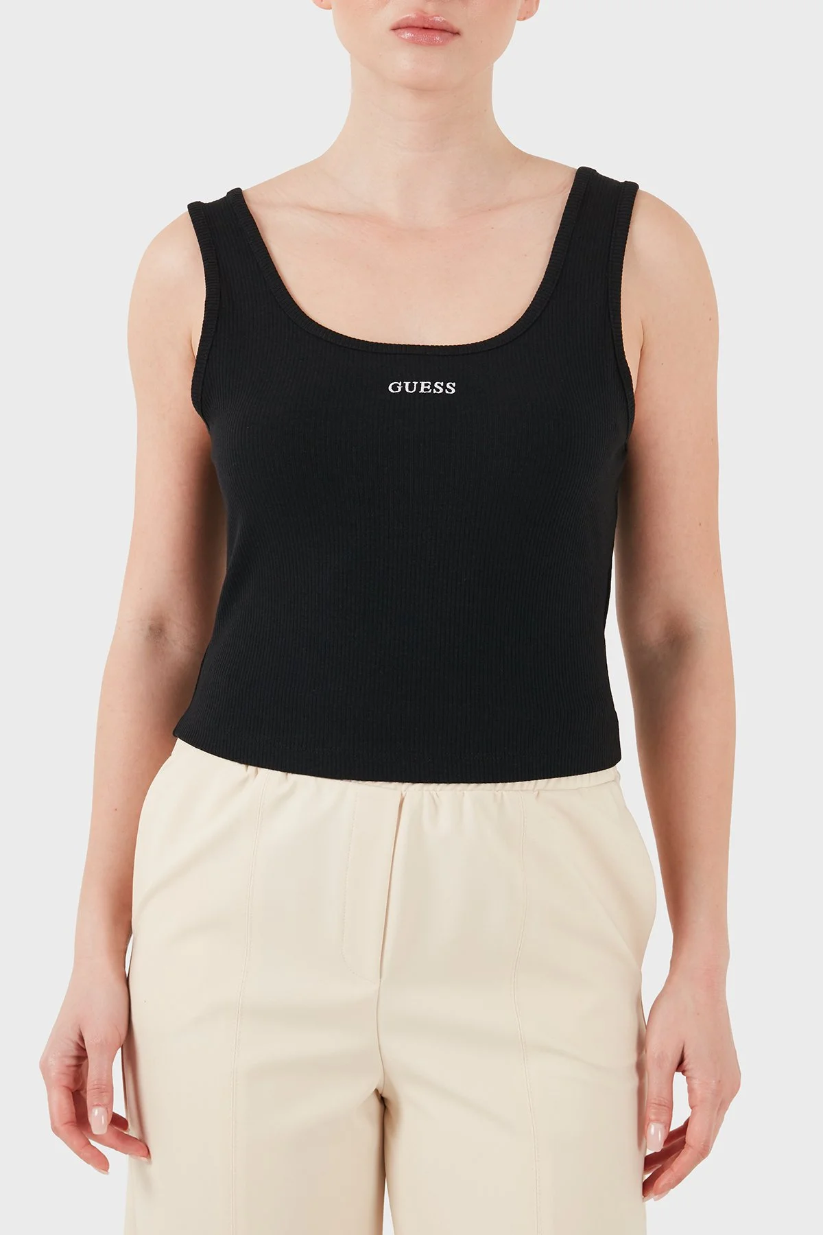 Guess Fitilli Slim Fit Yuvarlak Yaka V6GP05K2970 Kadın Top V6GP05 K2970 JBLK SİYAH - 1