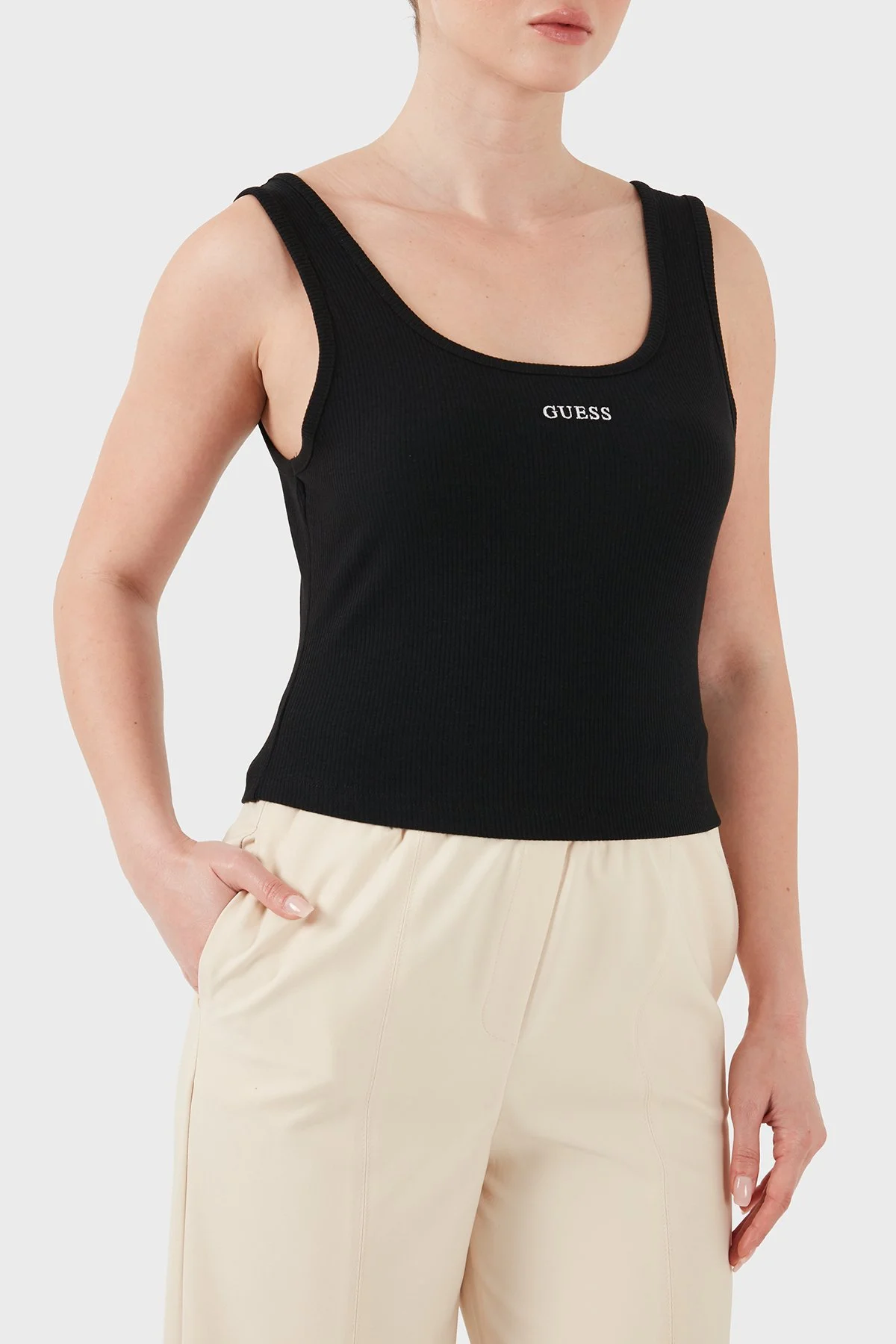 Guess Fitilli Slim Fit Yuvarlak Yaka V6GP05K2970 Kadın Top V6GP05 K2970 JBLK SİYAH - 3