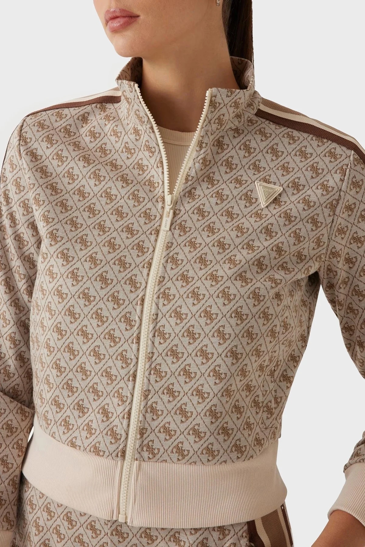 Guess G Logo Regular Fit Tamamı Logolu Dik Yaka Fermuarlı V5RQ03KCO90 Bayan Sweat V5RQ03 KCO90 FN4T BEJ - 4