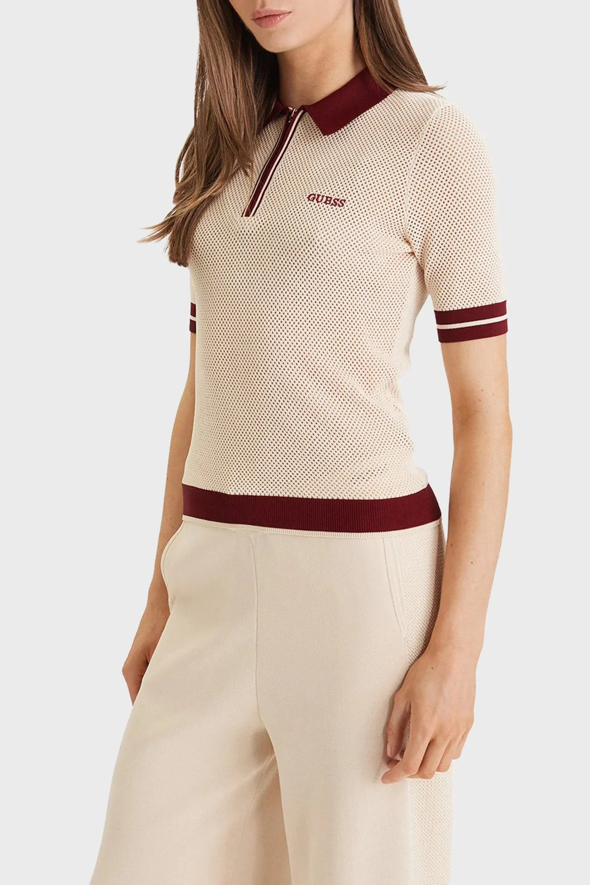 Guess Gabry Logolu Slim Fit Yarım Fermuarlı Kısa Kollu Polo Yaka V6GR04Z0725 Bayan Triko V6GR04 Z0725 G1V1 KREM - 1