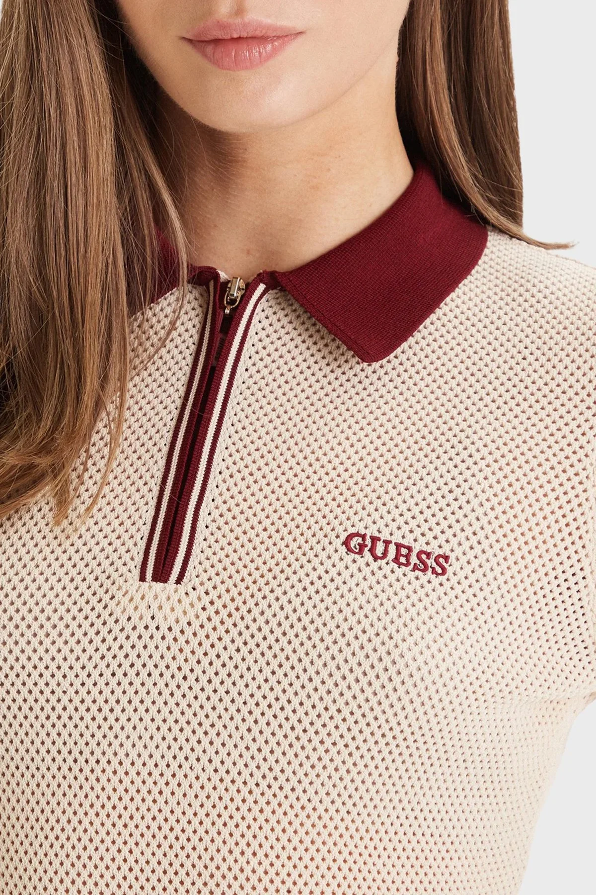 Guess Gabry Logolu Slim Fit Yarım Fermuarlı Kısa Kollu Polo Yaka V6GR04Z0725 Bayan Triko V6GR04 Z0725 G1V1 KREM - 4