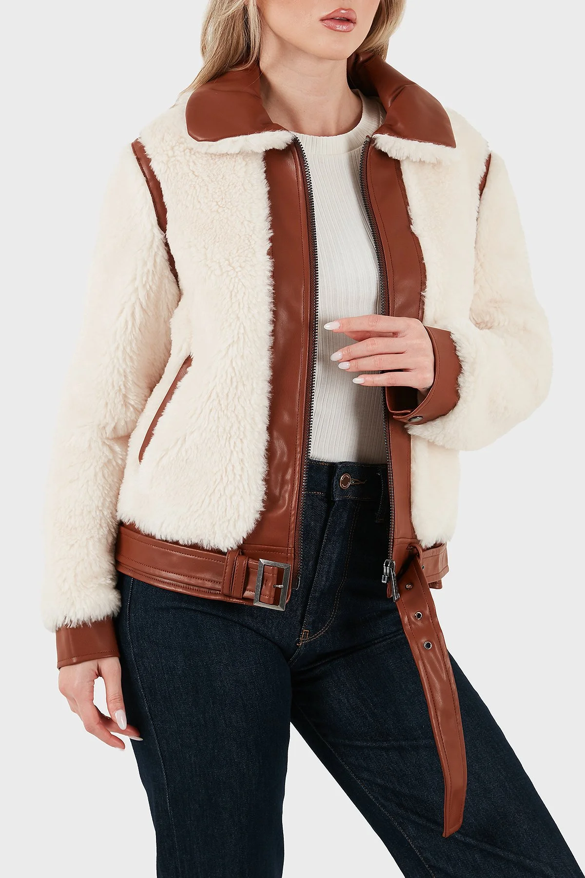 Guess Giordana Regular Fit Ceket Yaka Kemer Detaylı Suni Kürk W5BL71W3840F0D9 Bayan Mont W5BL71 W3840 F0D9 EKRU - 3