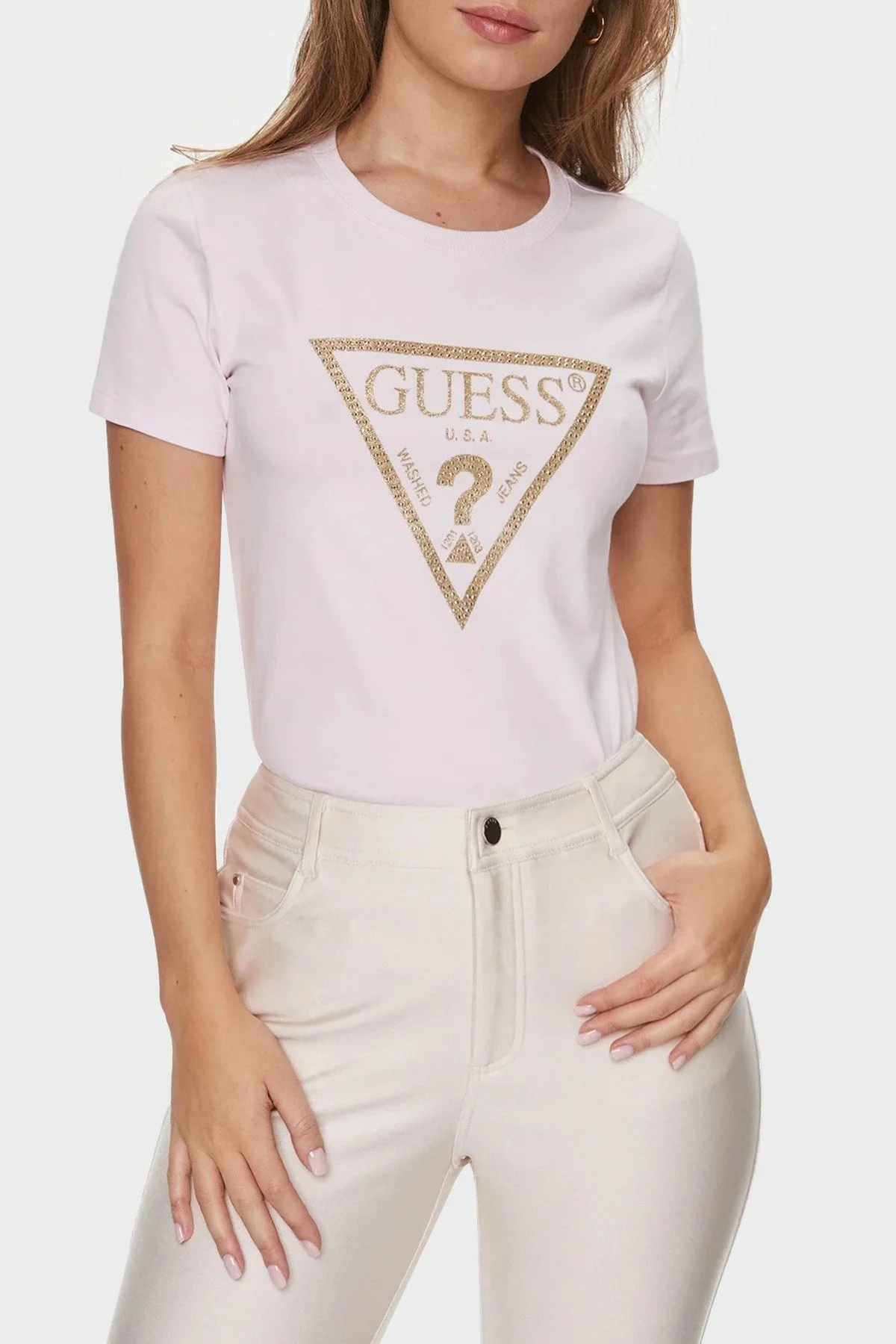 Guess Gold Pamuklu Regular Fit Bisiklet Yaka W4RI69J1314A60W Bayan T Shirt W4RI69J1314 A60W PUDRA - 1
