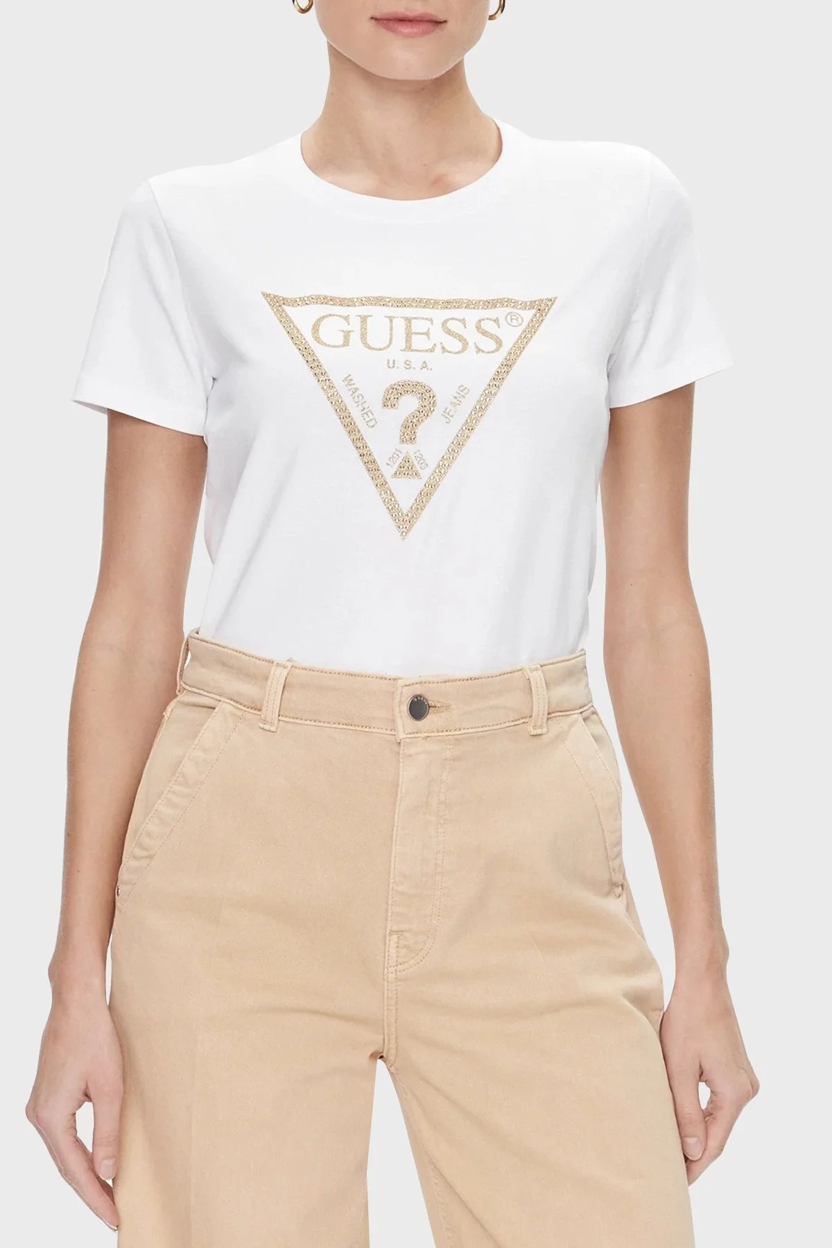 Guess Gold Pamuklu Regular Fit Bisiklet Yaka W4RI69J1314G011 Bayan T Shirt W4RI69J1314 G011 BEYAZ - 1