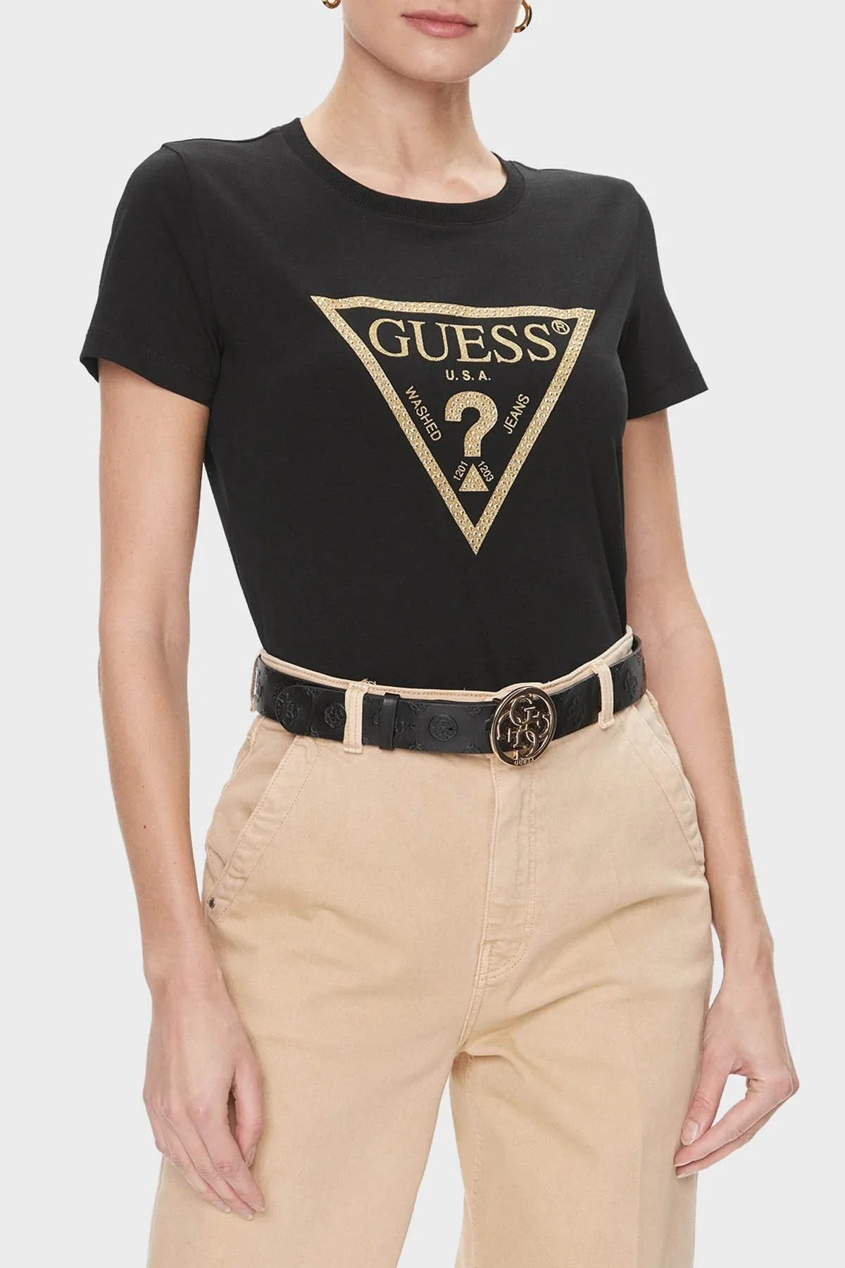 Guess Gold Pamuklu Regular Fit Bisiklet Yaka W4RI69J1314JBLK Bayan T Shirt W4RI69J1314 JBLK SİYAH - 1