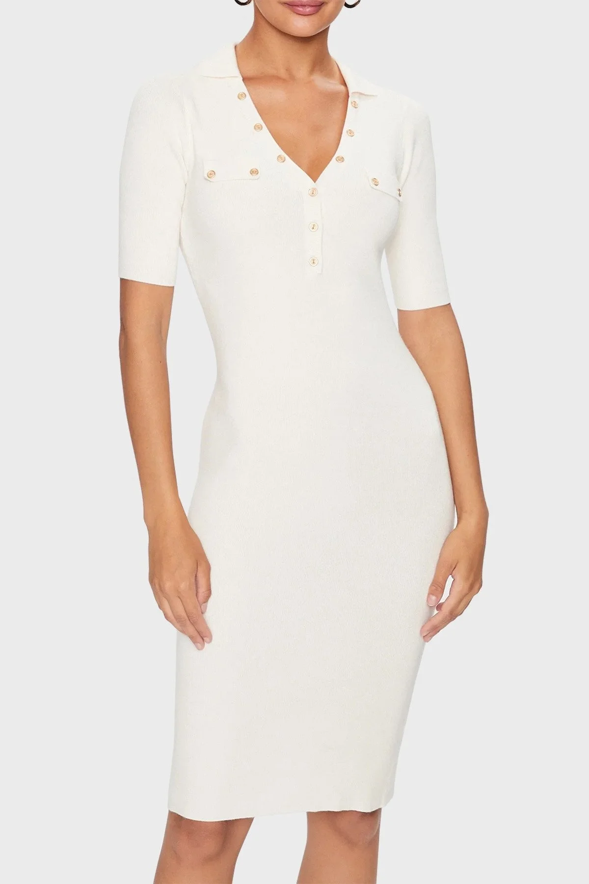 Guess Grace Regular Fit Düğmeli Yakalı Bodycon Kısa Kollu Mini Bayan Elbise W3YK45Z2YN2 G012 EKRU - 1